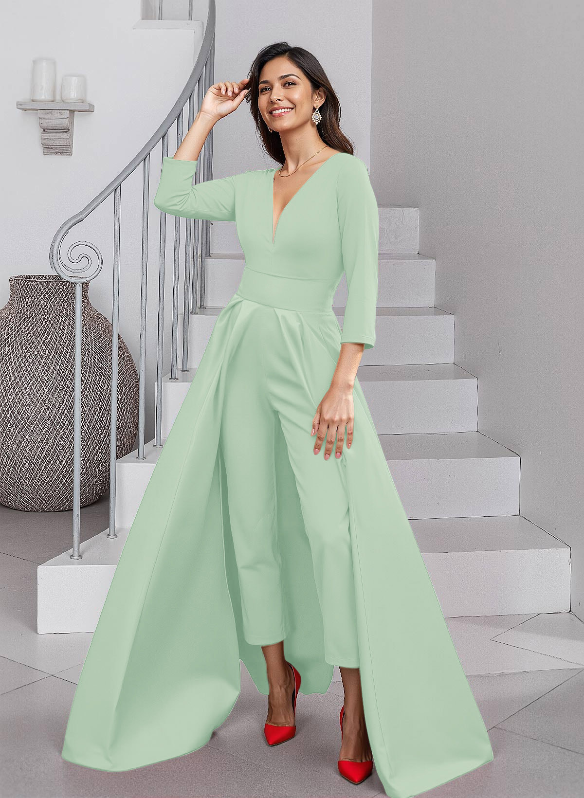 Unique V-Neck Overskirt Ankle-Length Crepe Chiffon Mother Of The Bride Dresses