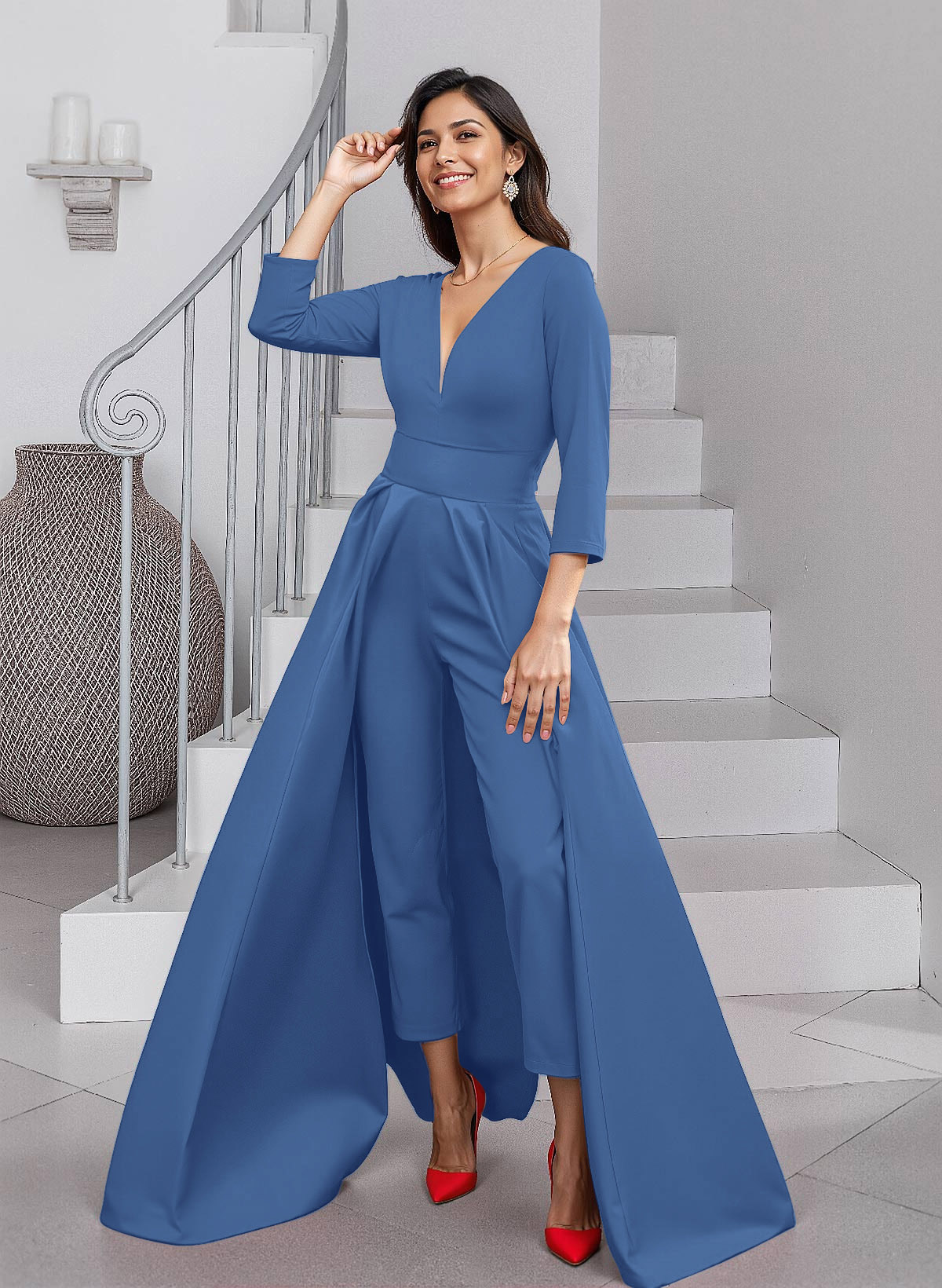 Unique V-Neck Overskirt Ankle-Length Crepe Chiffon Mother Of The Bride Dresses