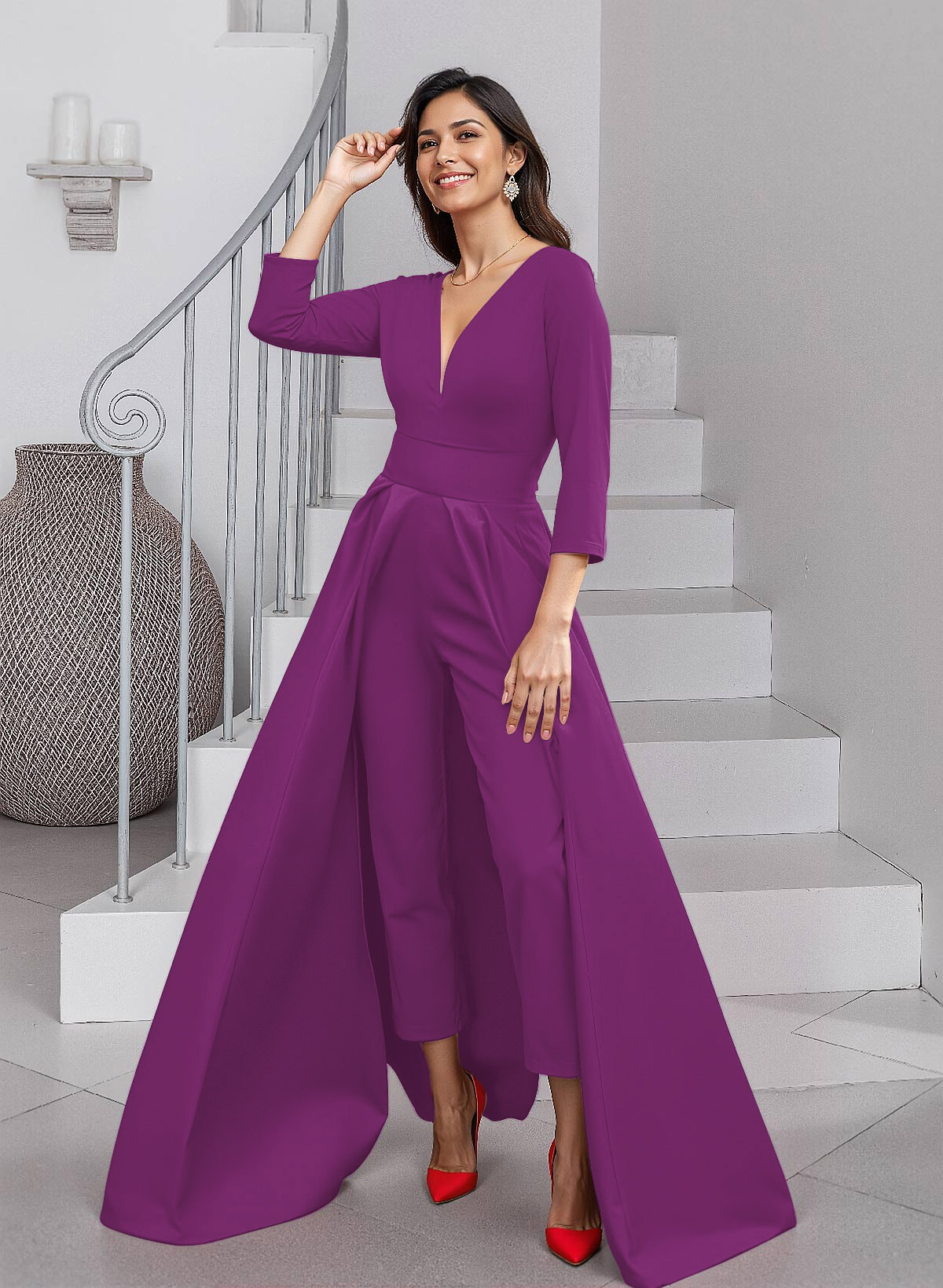 Unique V-Neck Overskirt Ankle-Length Crepe Chiffon Mother Of The Bride Dresses