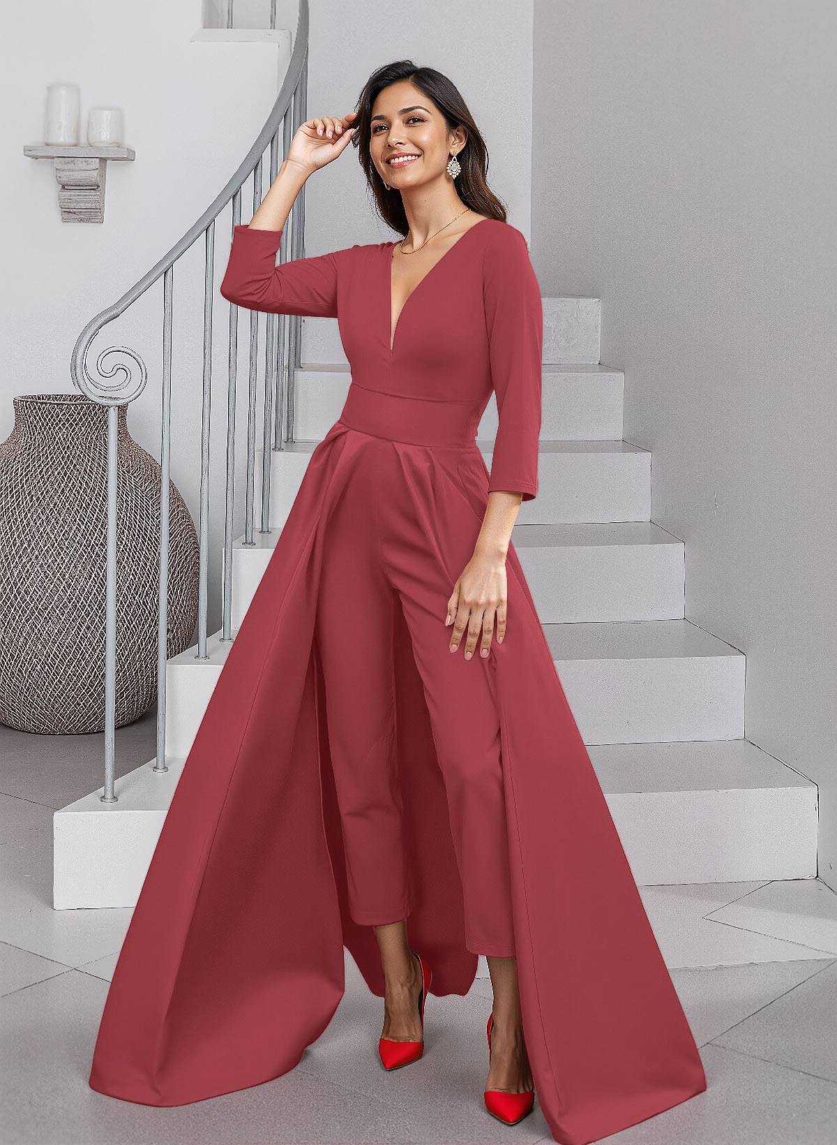 Unique V-Neck Overskirt Ankle-Length Crepe Chiffon Mother Of The Bride Dresses