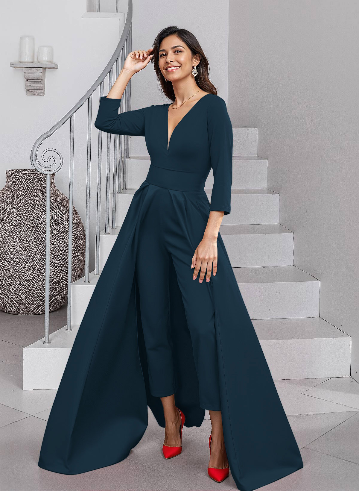 Unique V-Neck Overskirt Ankle-Length Crepe Chiffon Mother Of The Bride Dresses