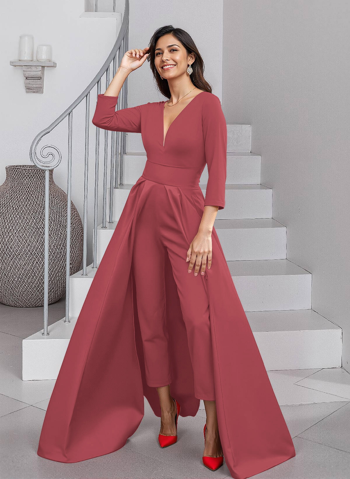 Unique V-Neck Overskirt Ankle-Length Crepe Chiffon Mother Of The Bride Dresses