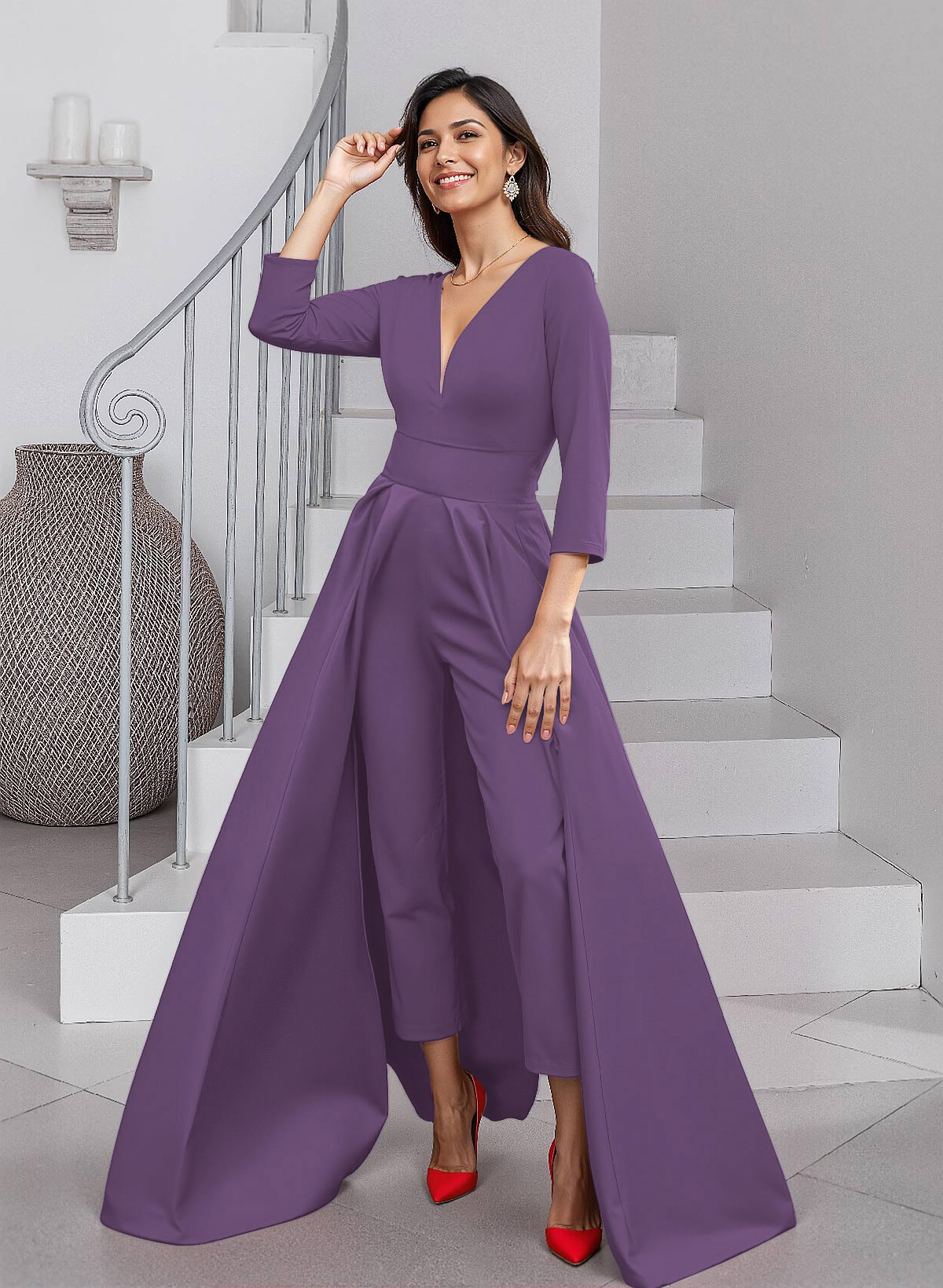 Unique V-Neck Overskirt Ankle-Length Crepe Chiffon Mother Of The Bride Dresses