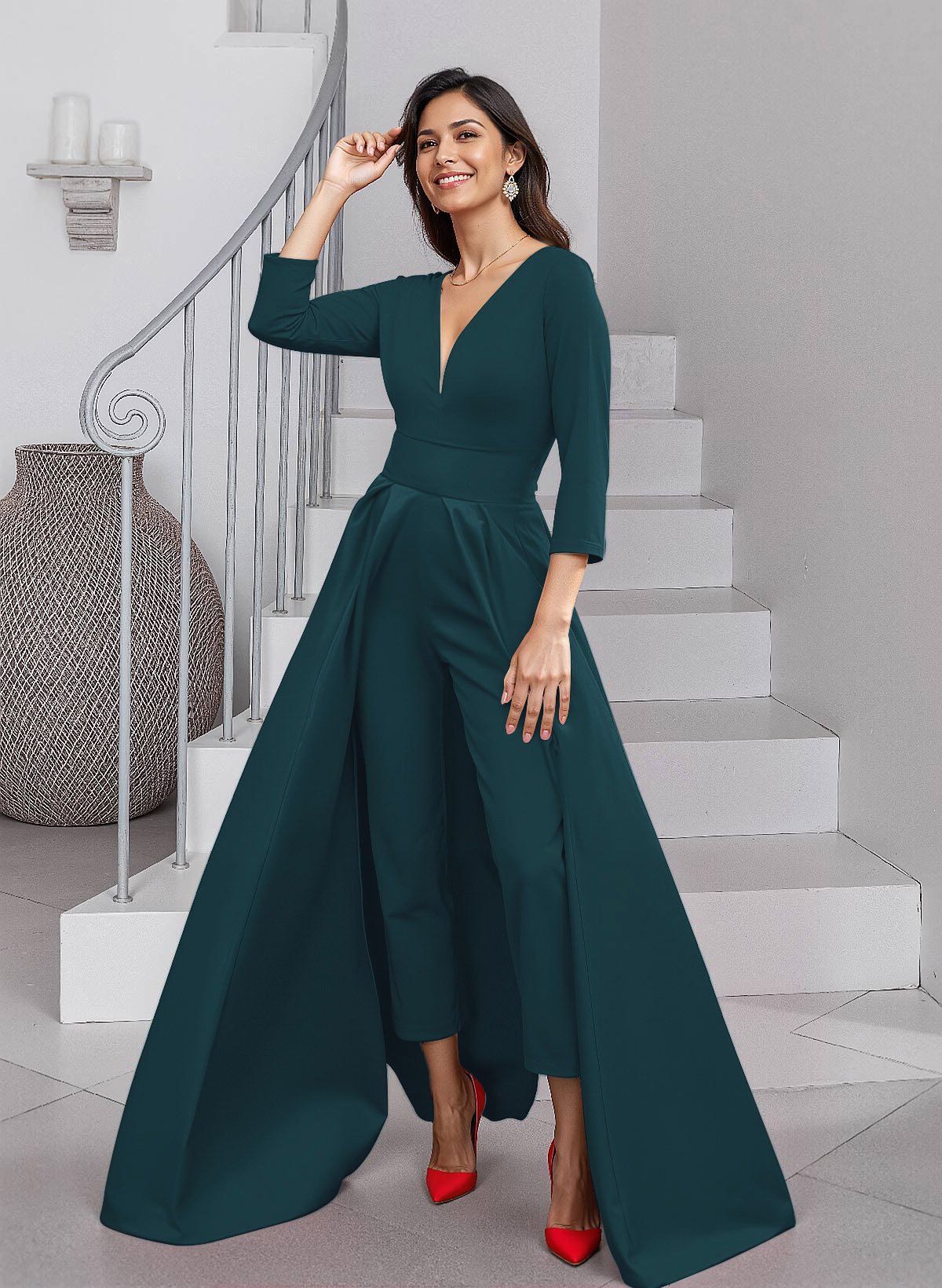 Unique V-Neck Overskirt Ankle-Length Crepe Chiffon Mother Of The Bride Dresses