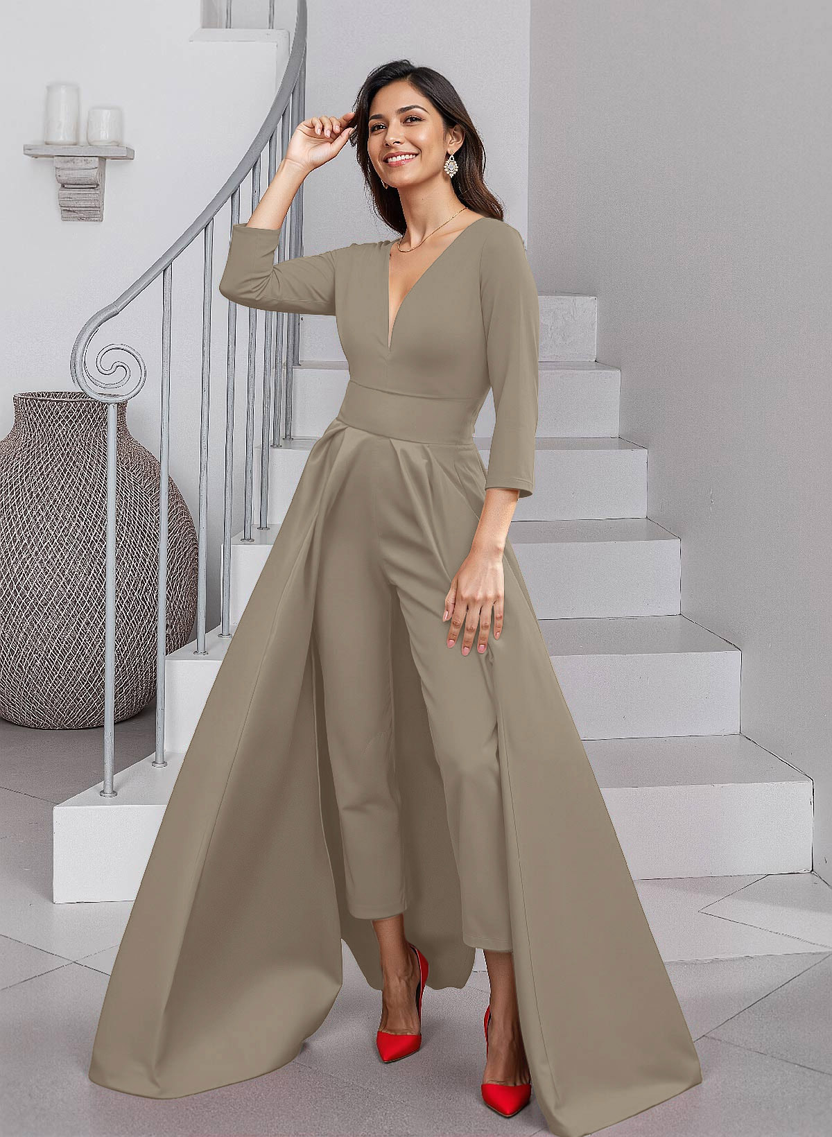 Unique V-Neck Overskirt Ankle-Length Crepe Chiffon Mother Of The Bride Dresses