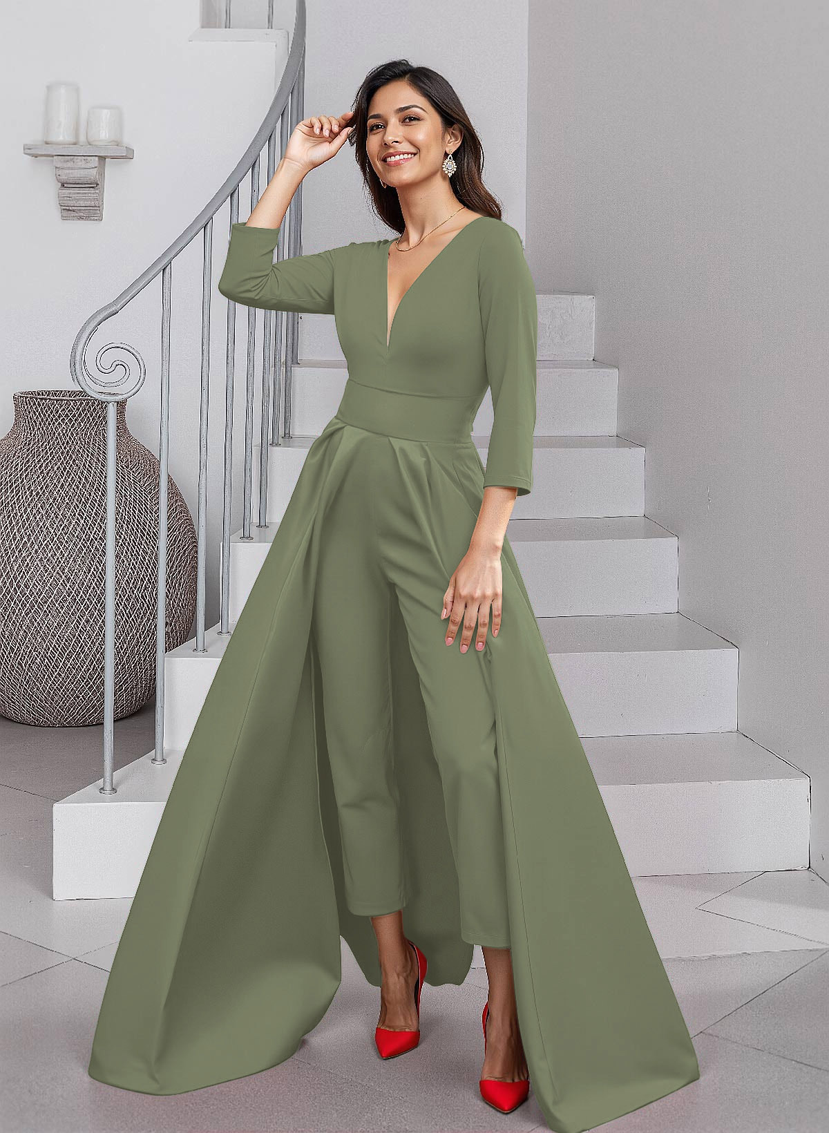 Unique V-Neck Overskirt Ankle-Length Crepe Chiffon Mother Of The Bride Dresses