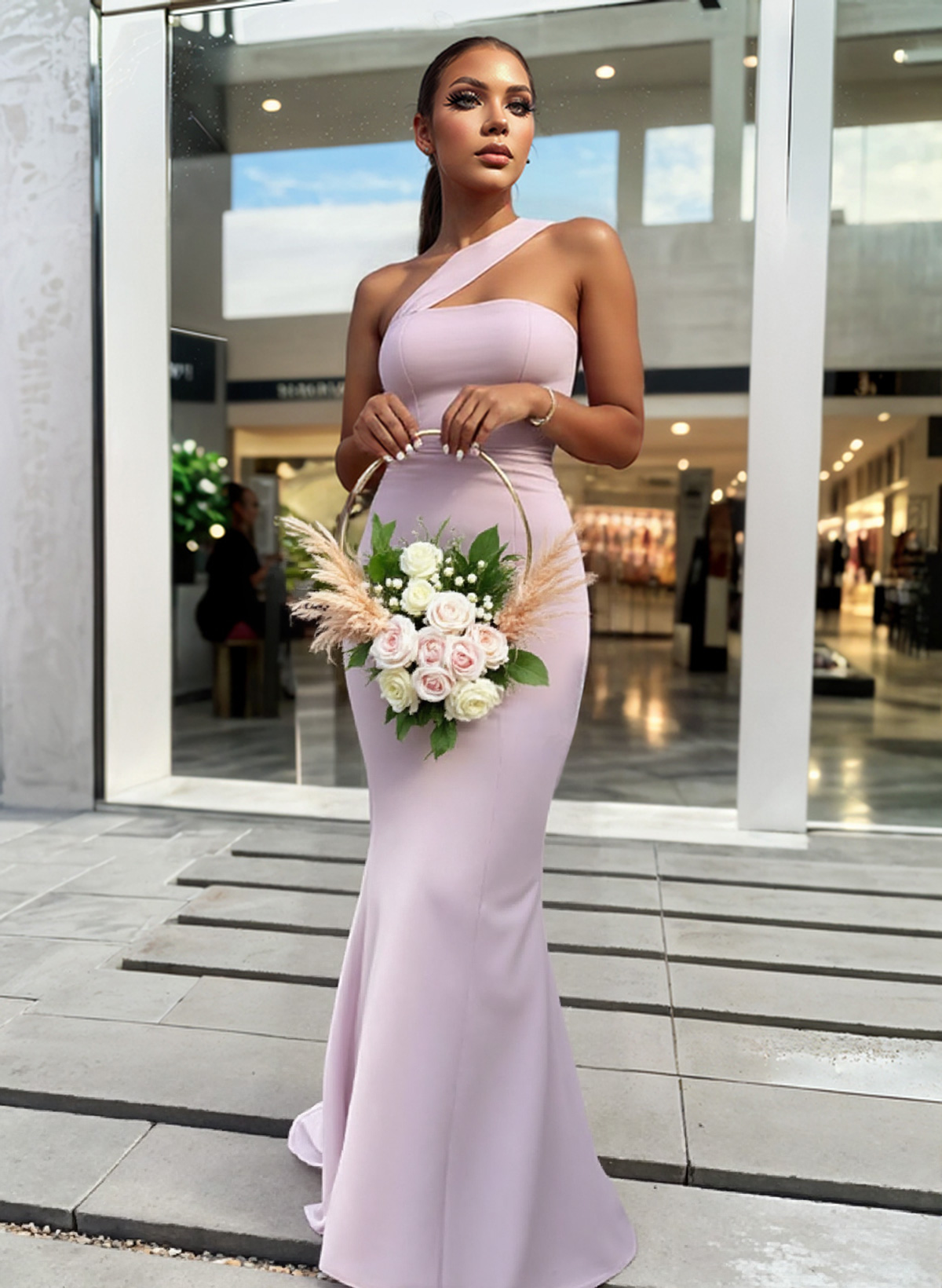 One-Shoulder Trumpet/Mermaid Pink Elastic Satin Bridesmaid Dresses, product image 1