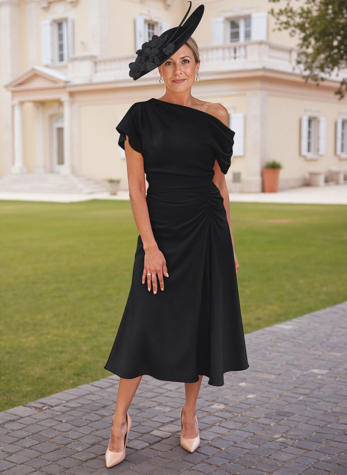 Elegant One-Shoulder Short Sleeves Tea-Length Stretch Chiffon Mother Of The Bride Dresses