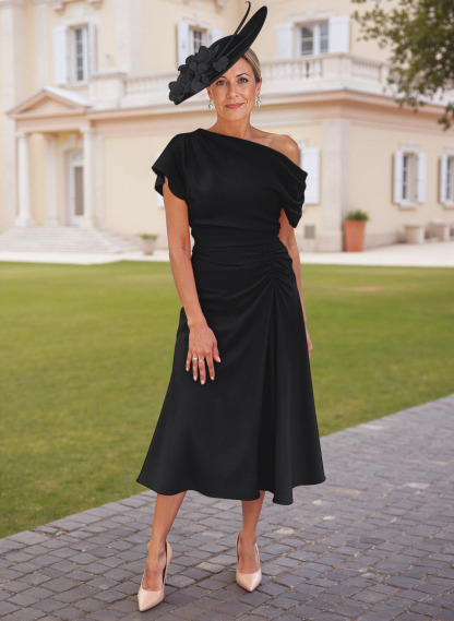 Elegant One-Shoulder Short Sleeves Tea-Length Stretch Chiffon Mother Of The Bride Dresses