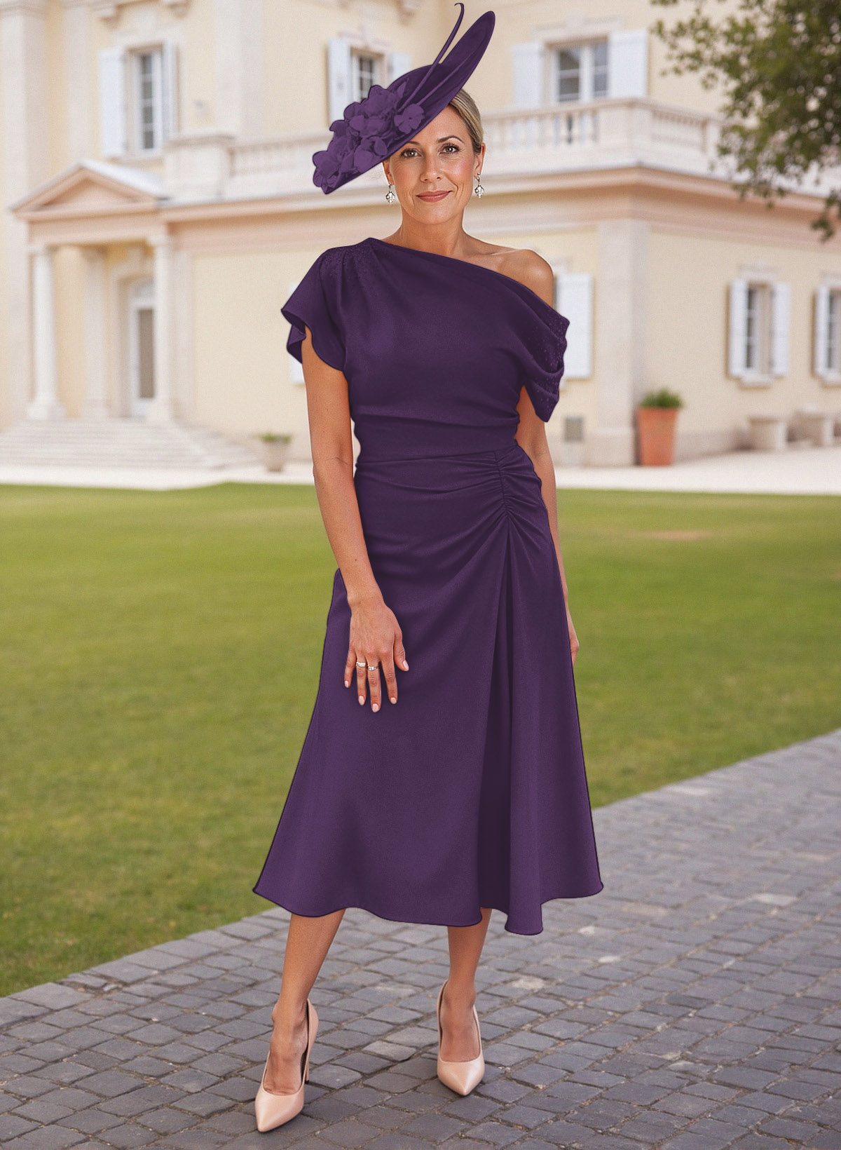 Elegant One-Shoulder Short Sleeves Tea-Length Stretch Chiffon Mother Of The Bride Dresses