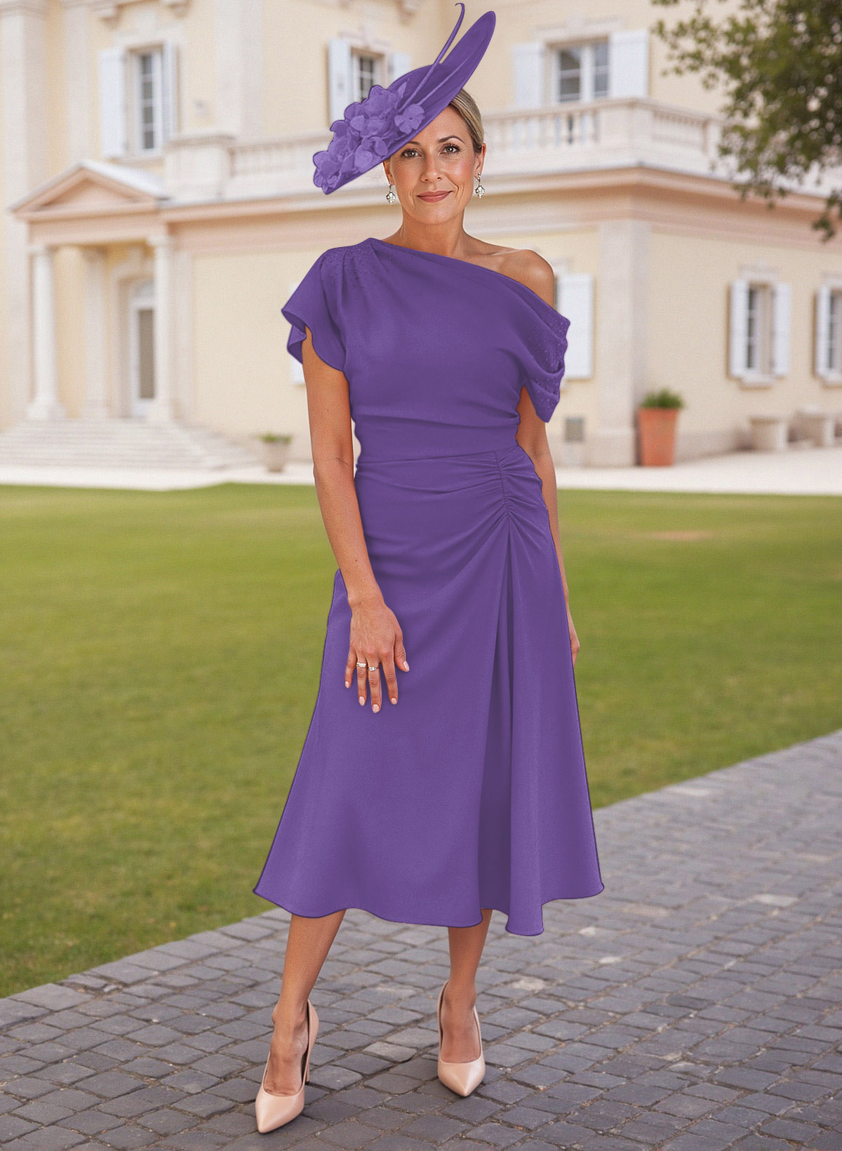 Elegant One-Shoulder Short Sleeves Tea-Length Stretch Chiffon Mother Of The Bride Dresses