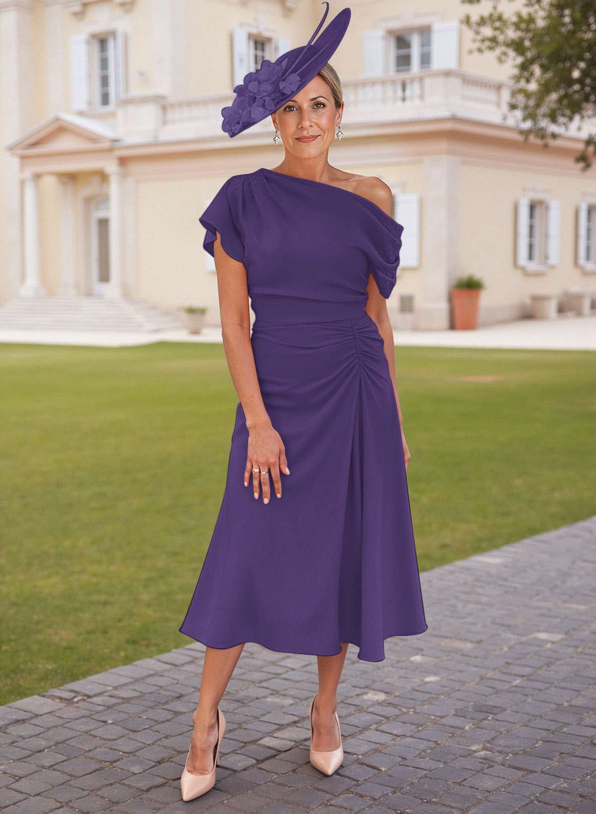 Elegant One-Shoulder Short Sleeves Tea-Length Stretch Chiffon Mother Of The Bride Dresses
