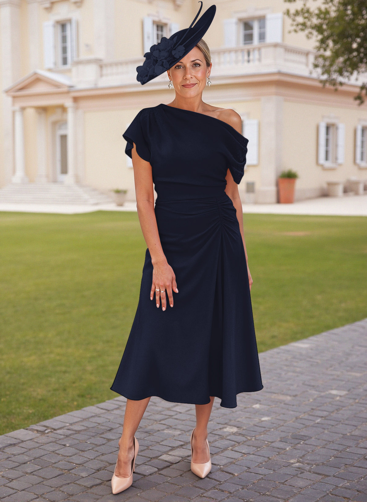 Elegant One-Shoulder Short Sleeves Tea-Length Stretch Chiffon Mother Of The Bride Dresses