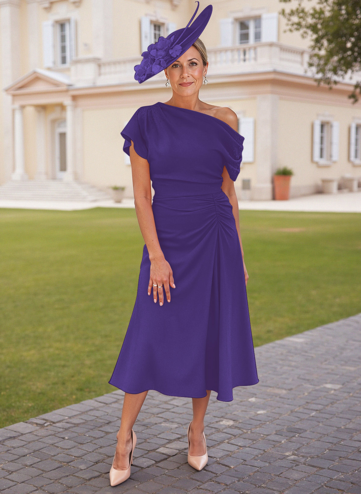 Elegant One-Shoulder Short Sleeves Tea-Length Stretch Chiffon Mother Of The Bride Dresses