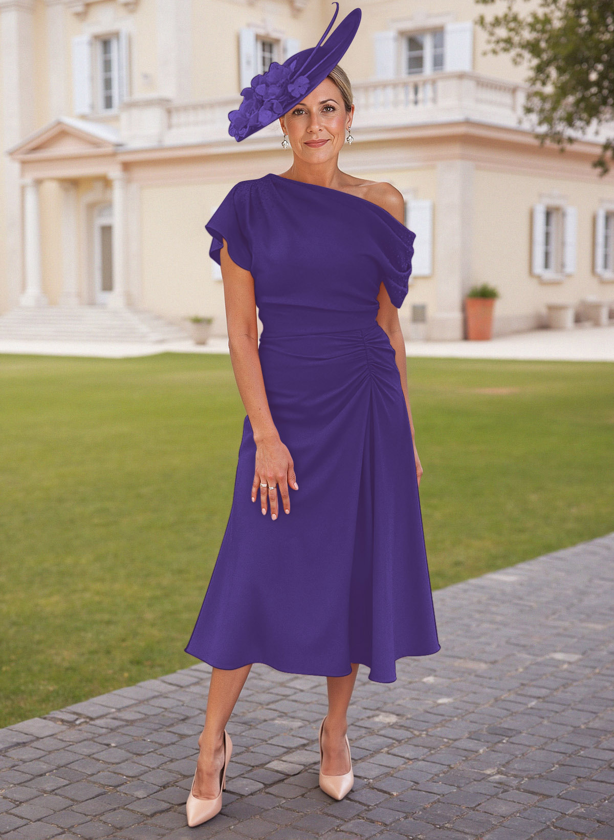 Elegant One-Shoulder Short Sleeves Tea-Length Stretch Chiffon Mother Of The Bride Dresses