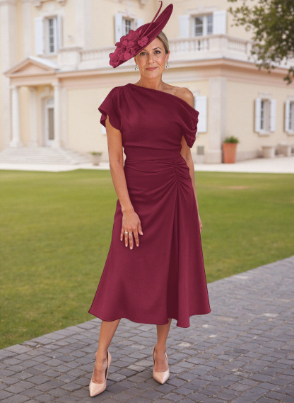 Elegant One-Shoulder Short Sleeves Tea-Length Stretch Chiffon Mother Of The Bride Dresses