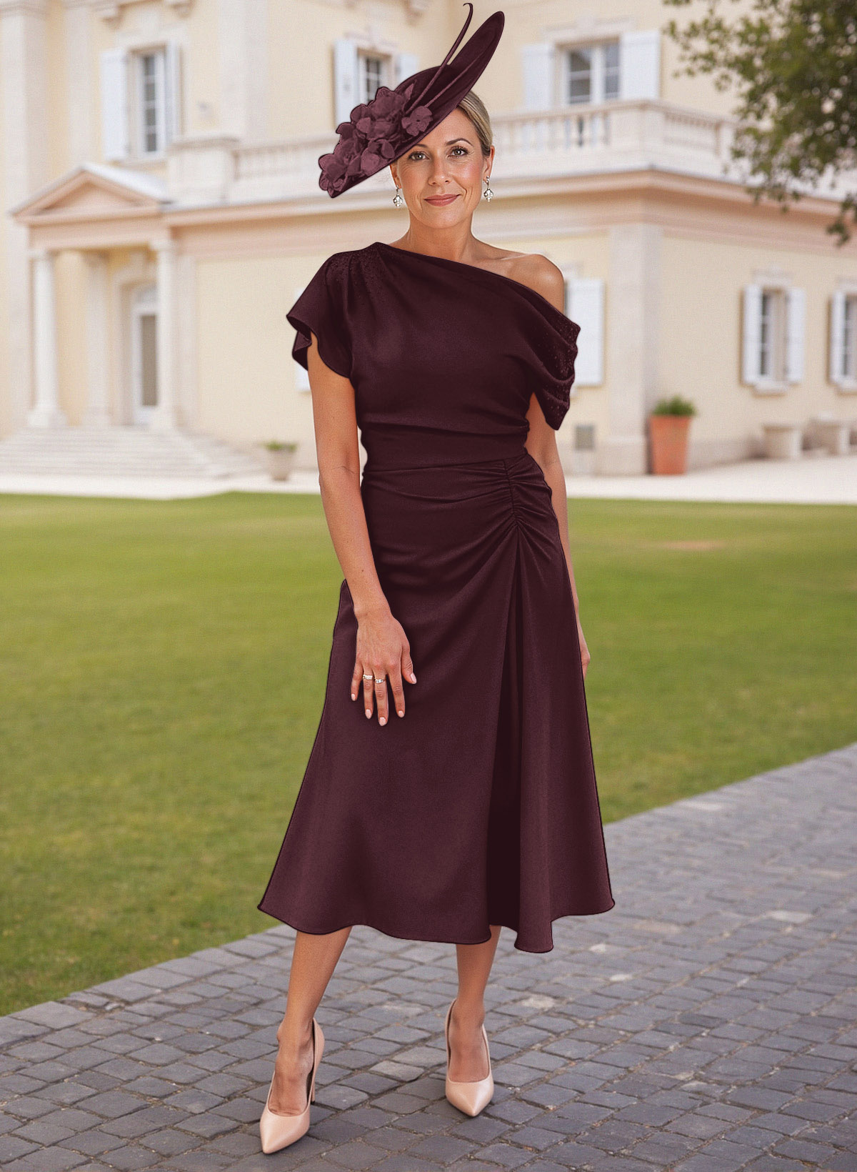 Elegant One-Shoulder Short Sleeves Tea-Length Stretch Chiffon Mother Of The Bride Dresses