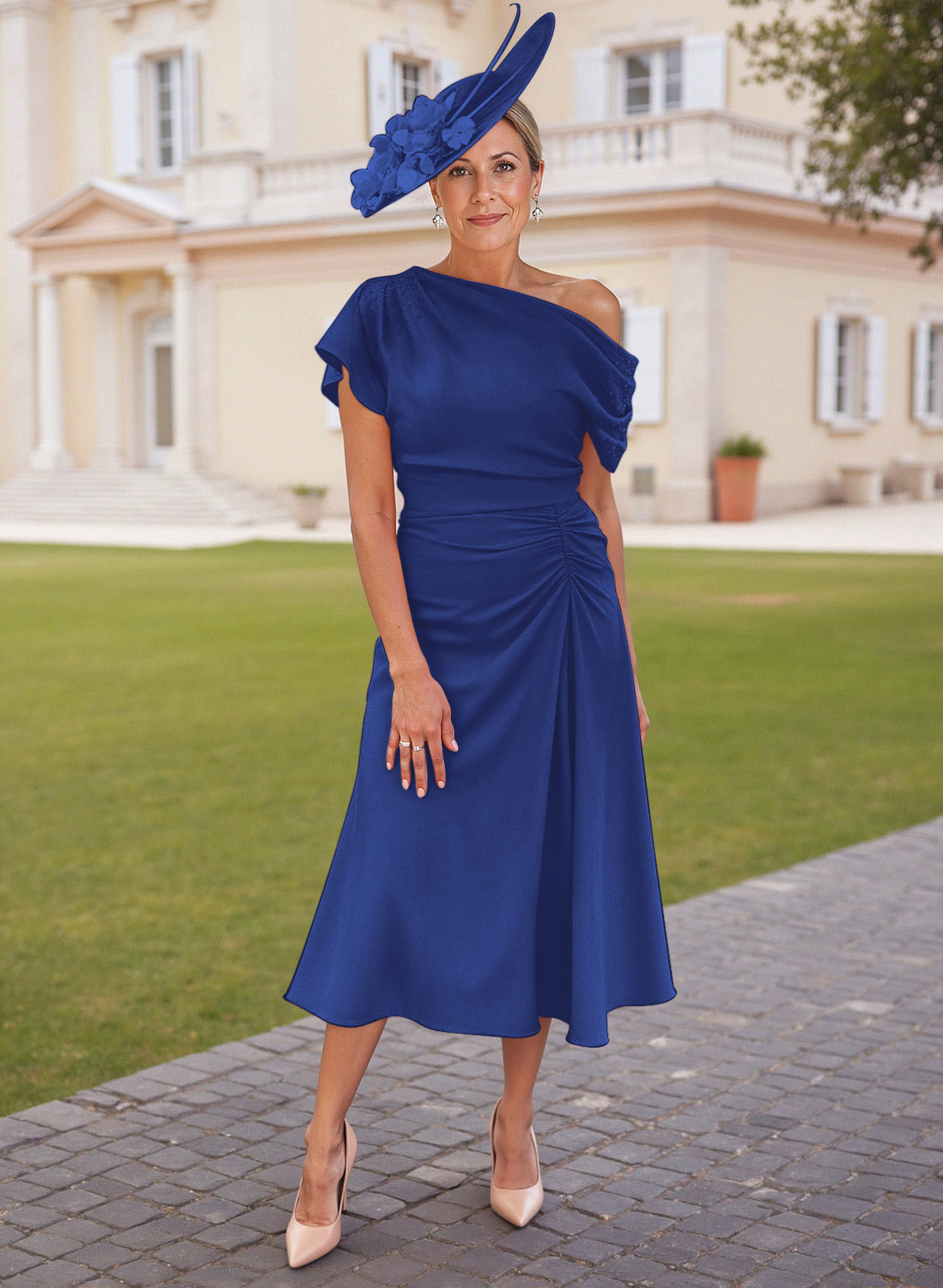 Elegant One-Shoulder Short Sleeves Tea-Length Stretch Chiffon Mother Of The Bride Dresses