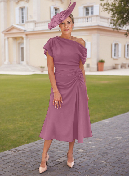 Elegant One-Shoulder Short Sleeves Tea-Length Stretch Chiffon Mother Of The Bride Dresses