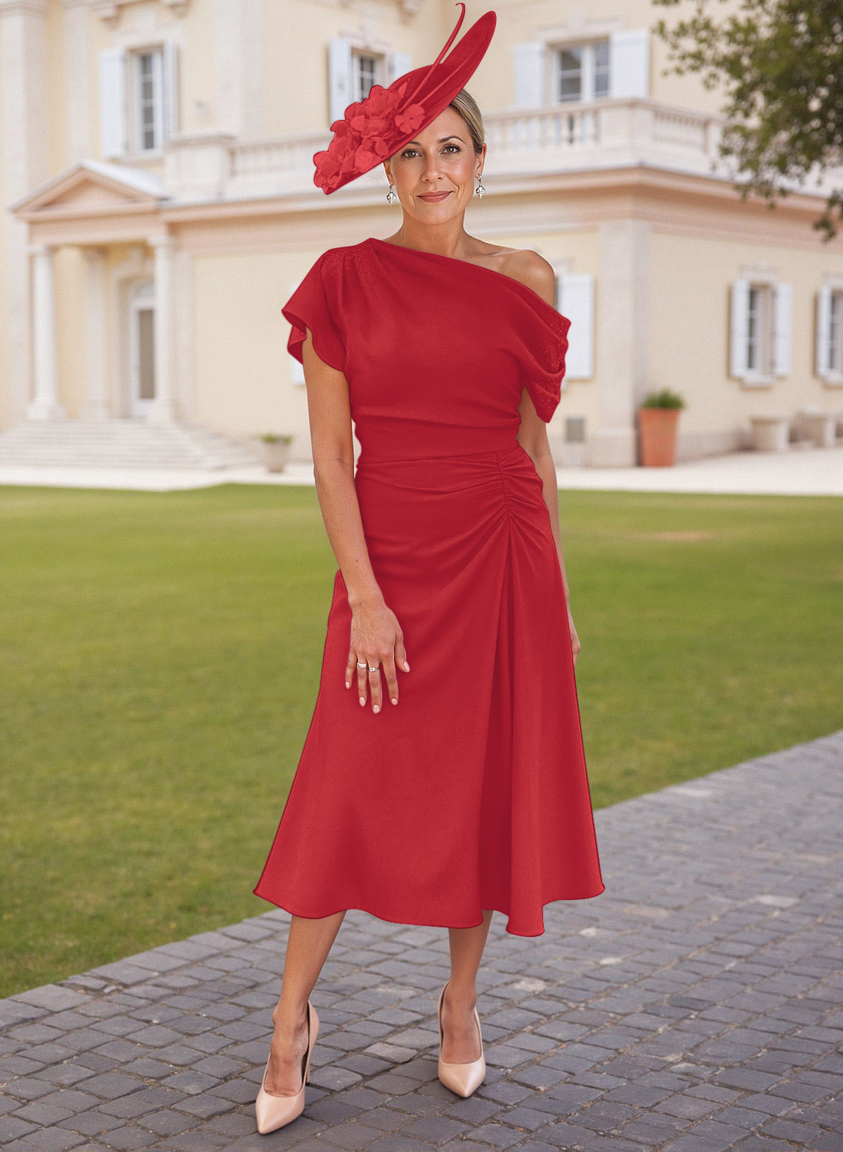Elegant One-Shoulder Short Sleeves Tea-Length Stretch Chiffon Mother Of The Bride Dresses