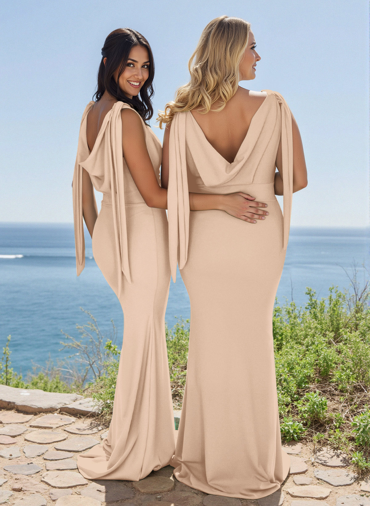 Elegant Cowl Neck Cowl Back Sweep Train Elastic Satin Bridesmaid Dresses, image 14