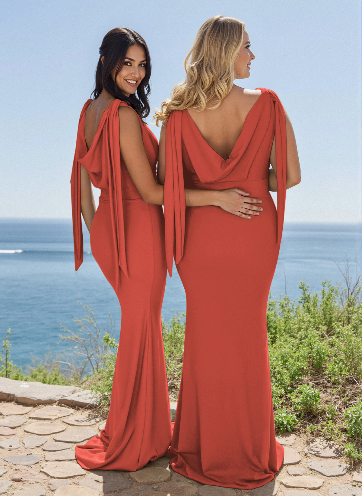 Elegant Cowl Neck Cowl Back Sweep Train Elastic Satin Bridesmaid Dresses, image 4