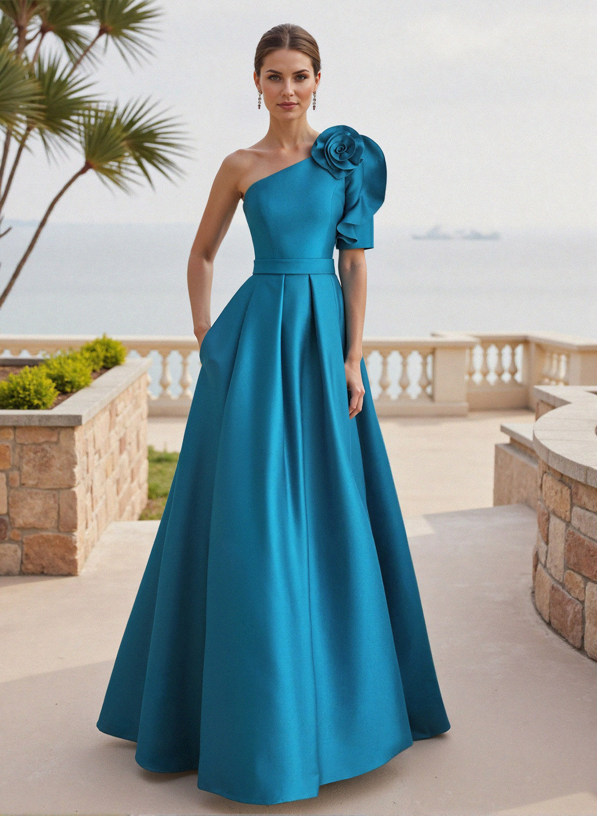 Simple A-Line One-Shoulder 1/2 Sleeves Court Train Satin Mother Of The Bride Dresses With Flower(s)
