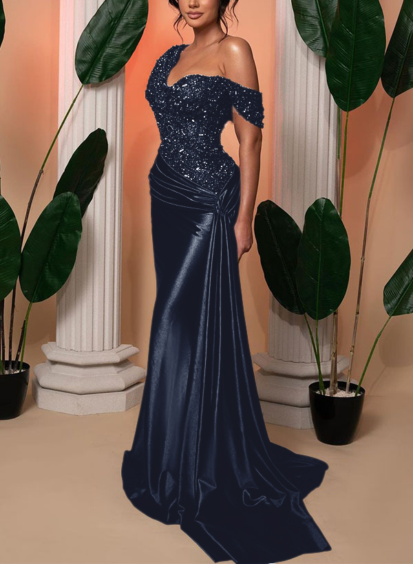 Trumpet/Mermaid Asymmetrical Sweep Train Silk Like Satin/Sequined Bridesmaid Dresses