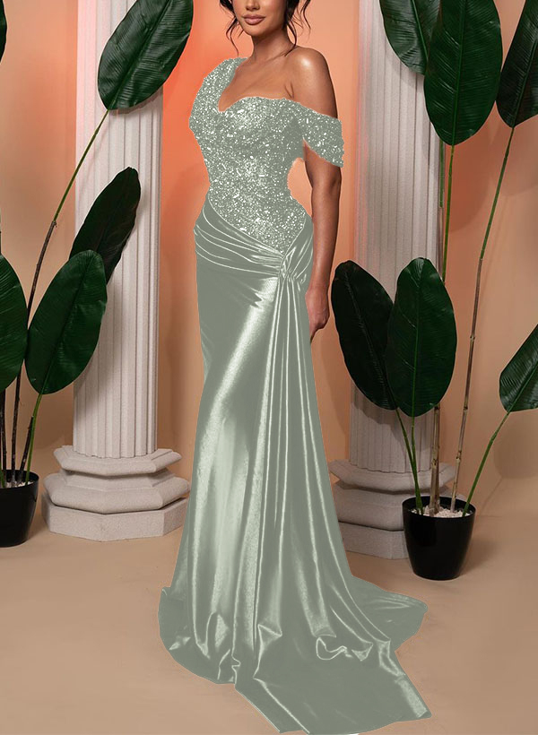 Trumpet/Mermaid Asymmetrical Sweep Train Silk Like Satin/Sequined Bridesmaid Dresses