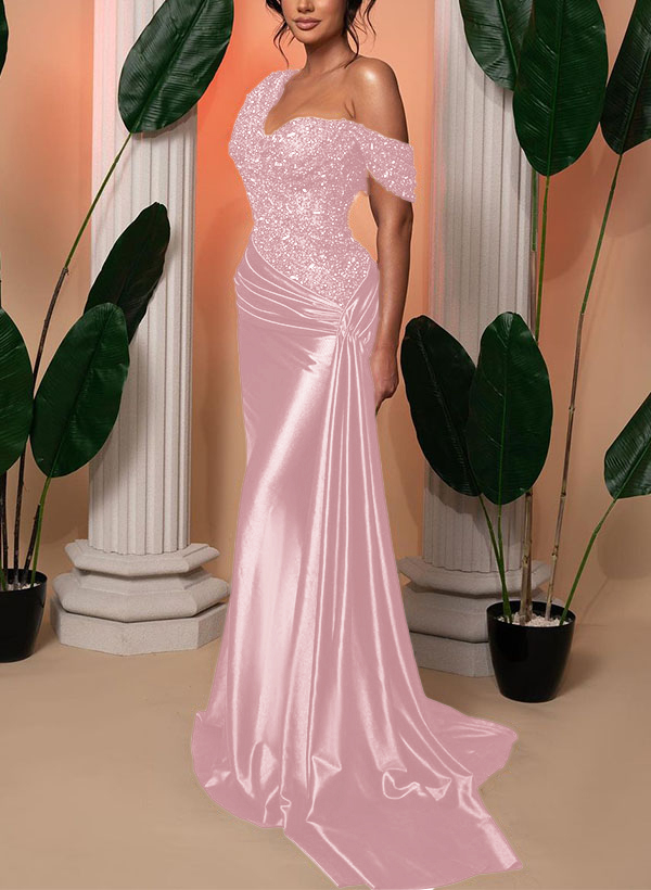 Trumpet/Mermaid Asymmetrical Sweep Train Silk Like Satin/Sequined Bridesmaid Dresses