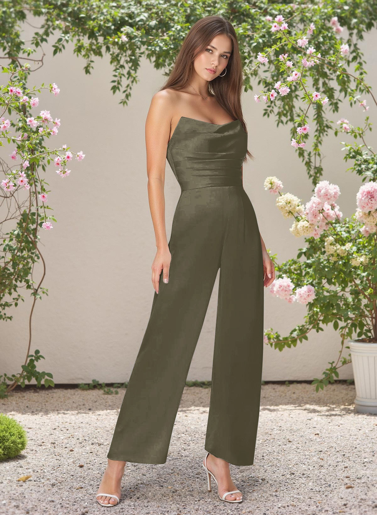 Classic Jumpsuit Strapless Cowl Neck Silk Like Satin Bridesmaid Dresses, image 8