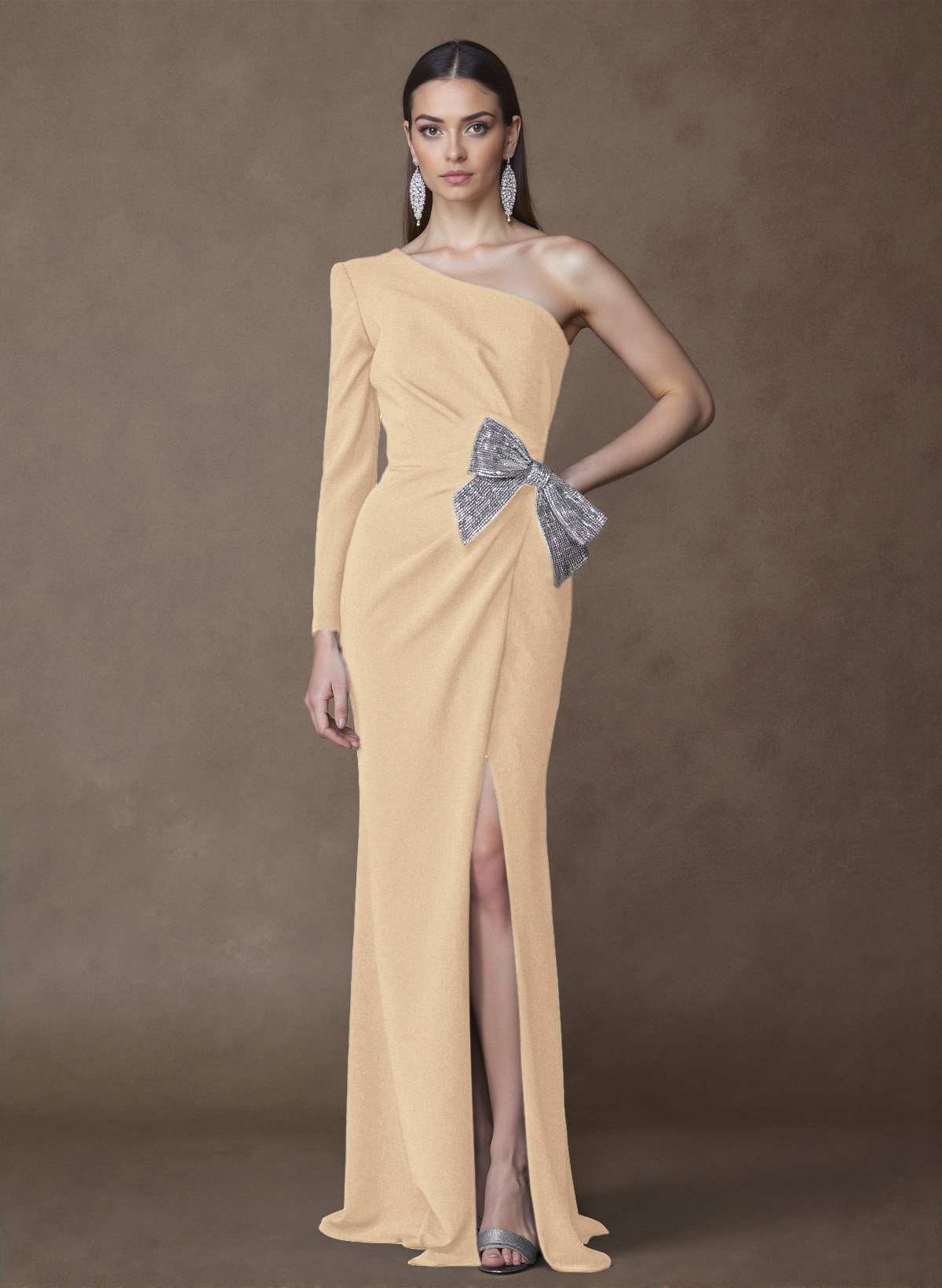 Unique One-Shoulder Long Sleeves Sequins Bow(s) High Split Elastic Satin Mother Of The Bride Dresses