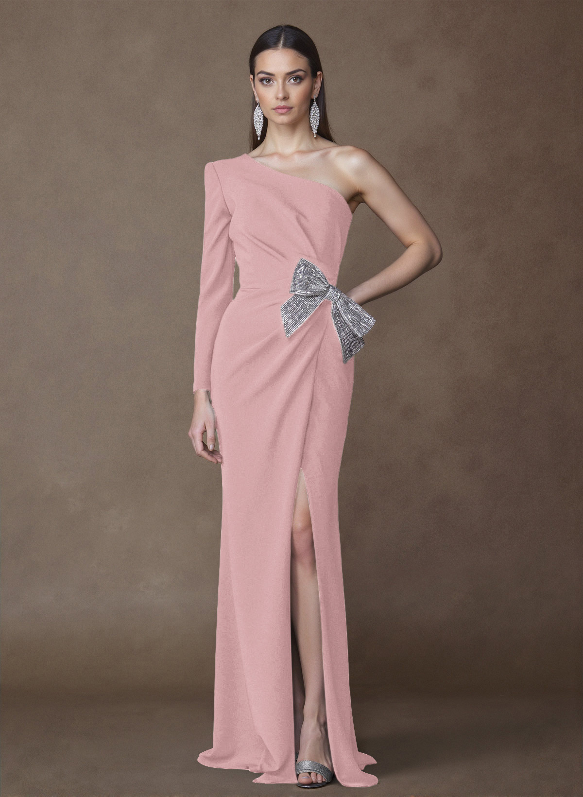 Unique One-Shoulder Long Sleeves Sequins Bow(s) High Split Elastic Satin Mother Of The Bride Dresses