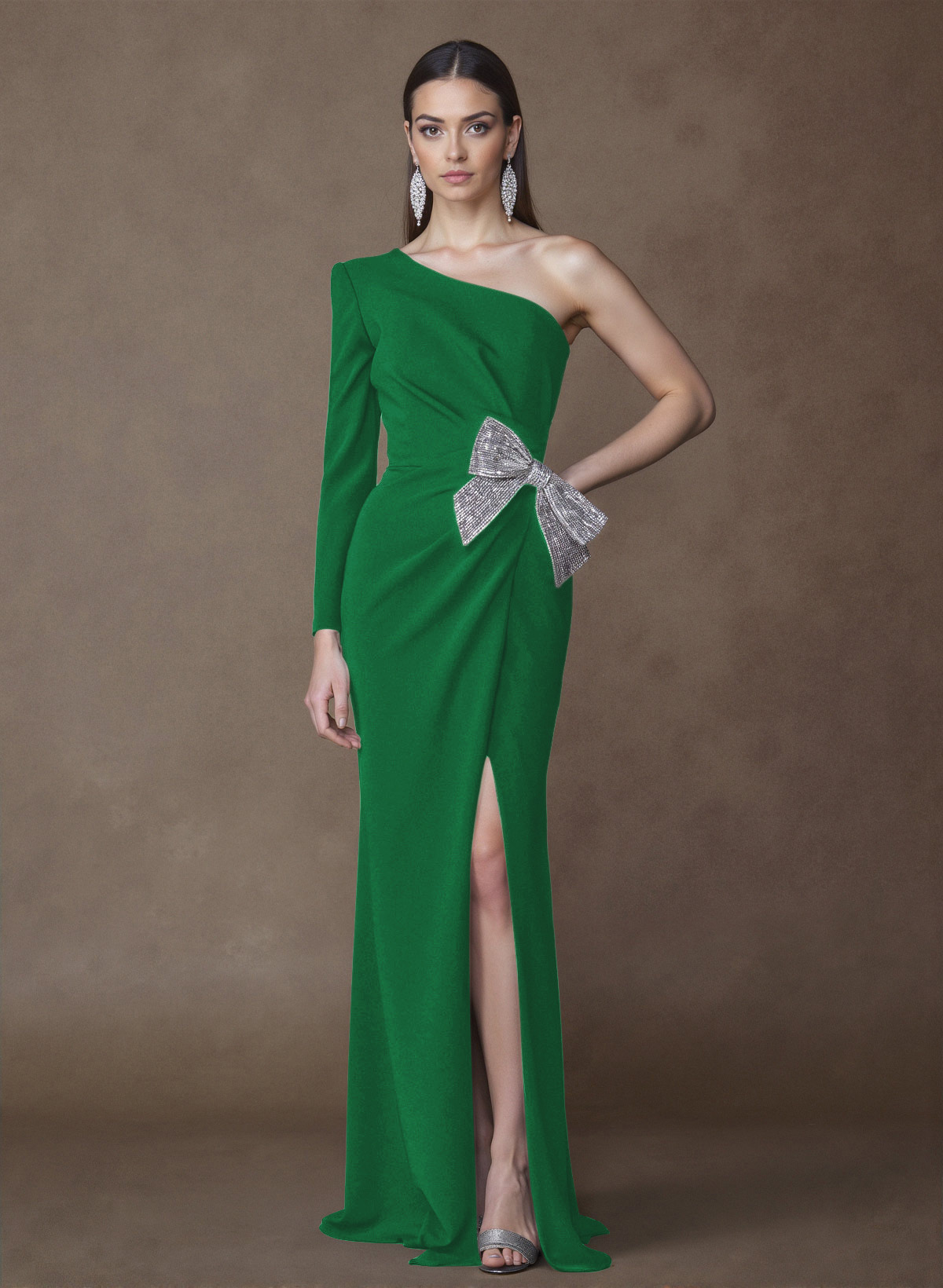 Unique One-Shoulder Long Sleeves Sequins Bow(s) High Split Elastic Satin Mother Of The Bride Dresses