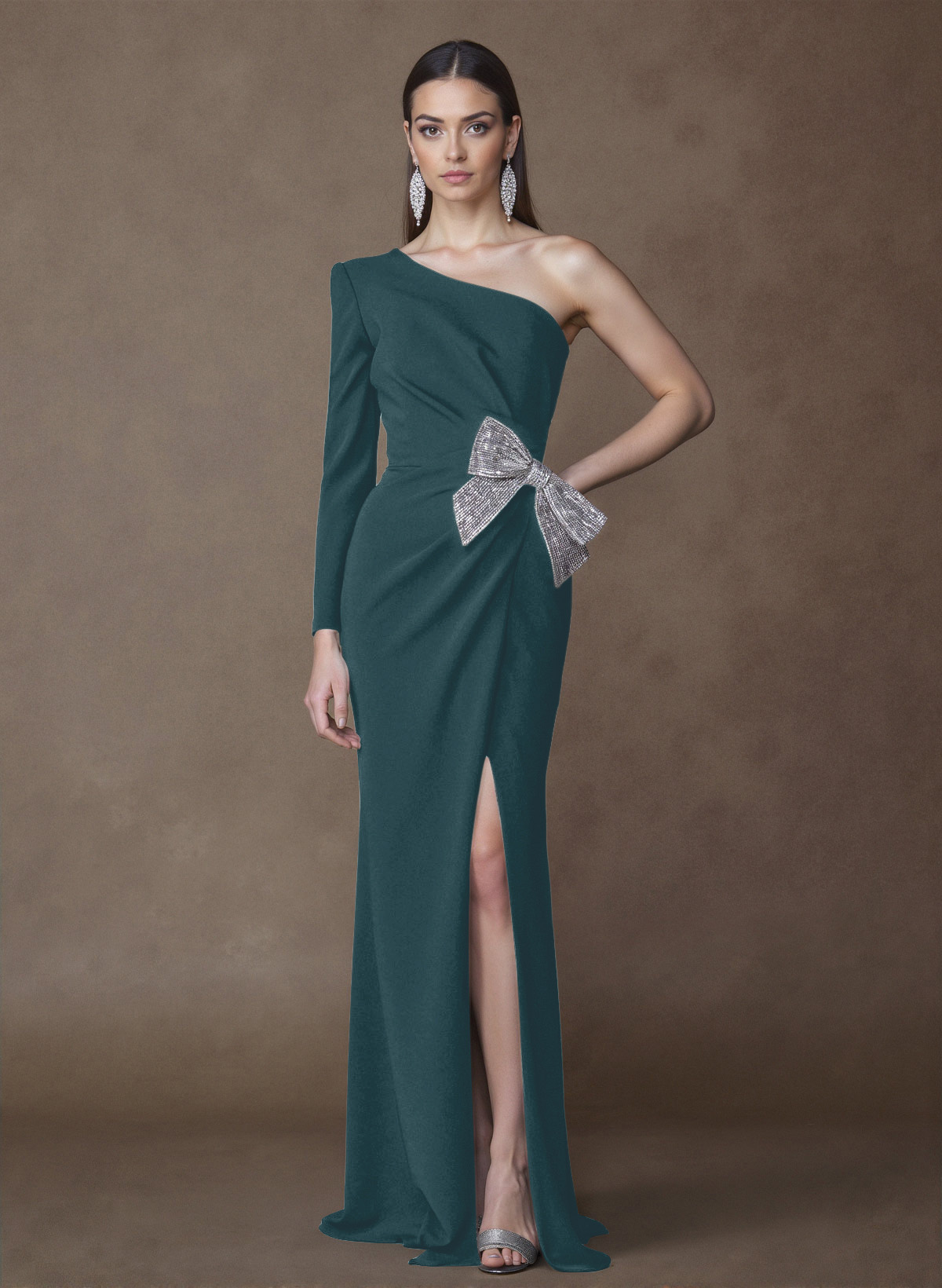 Unique One-Shoulder Long Sleeves Sequins Bow(s) High Split Elastic Satin Mother Of The Bride Dresses