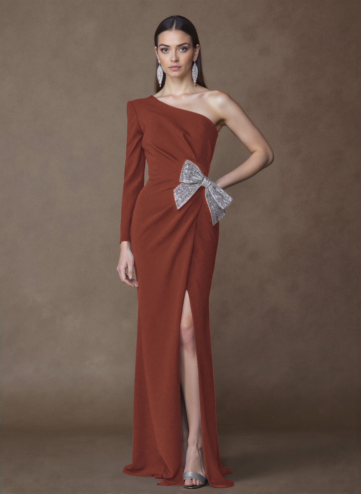 Unique One-Shoulder Long Sleeves Sequins Bow(s) High Split Elastic Satin Mother Of The Bride Dresses