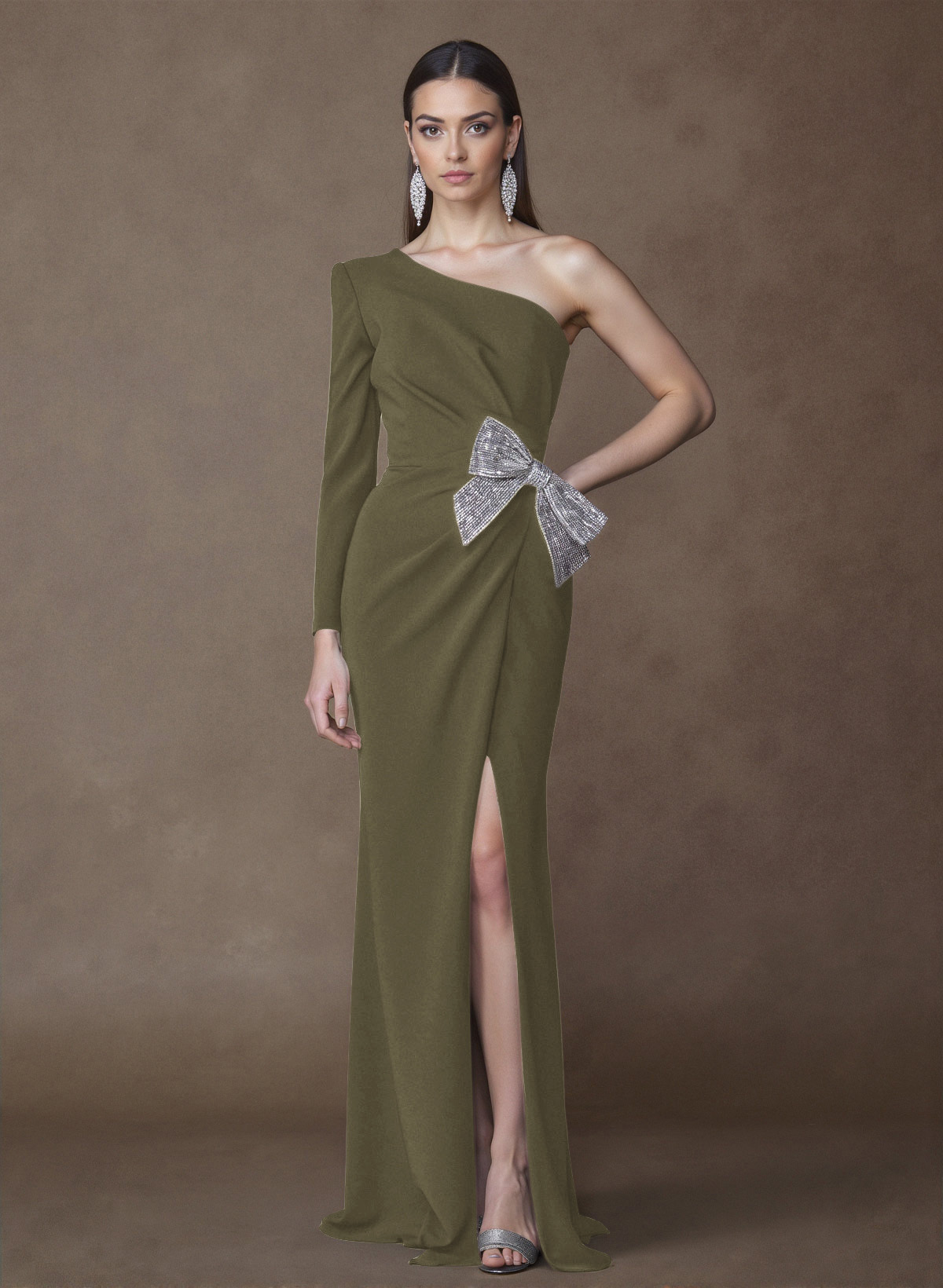 Unique One-Shoulder Long Sleeves Sequins Bow(s) High Split Elastic Satin Mother Of The Bride Dresses