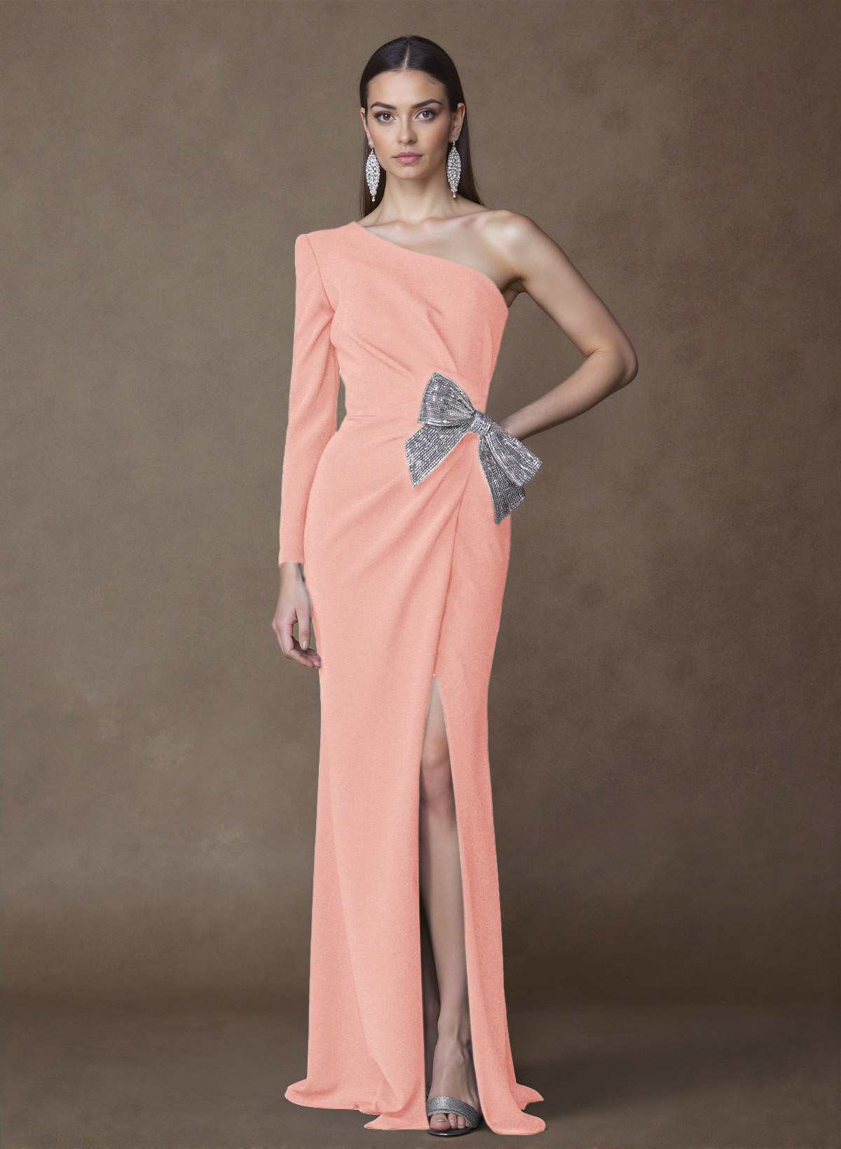 Unique One-Shoulder Long Sleeves Sequins Bow(s) High Split Elastic Satin Mother Of The Bride Dresses
