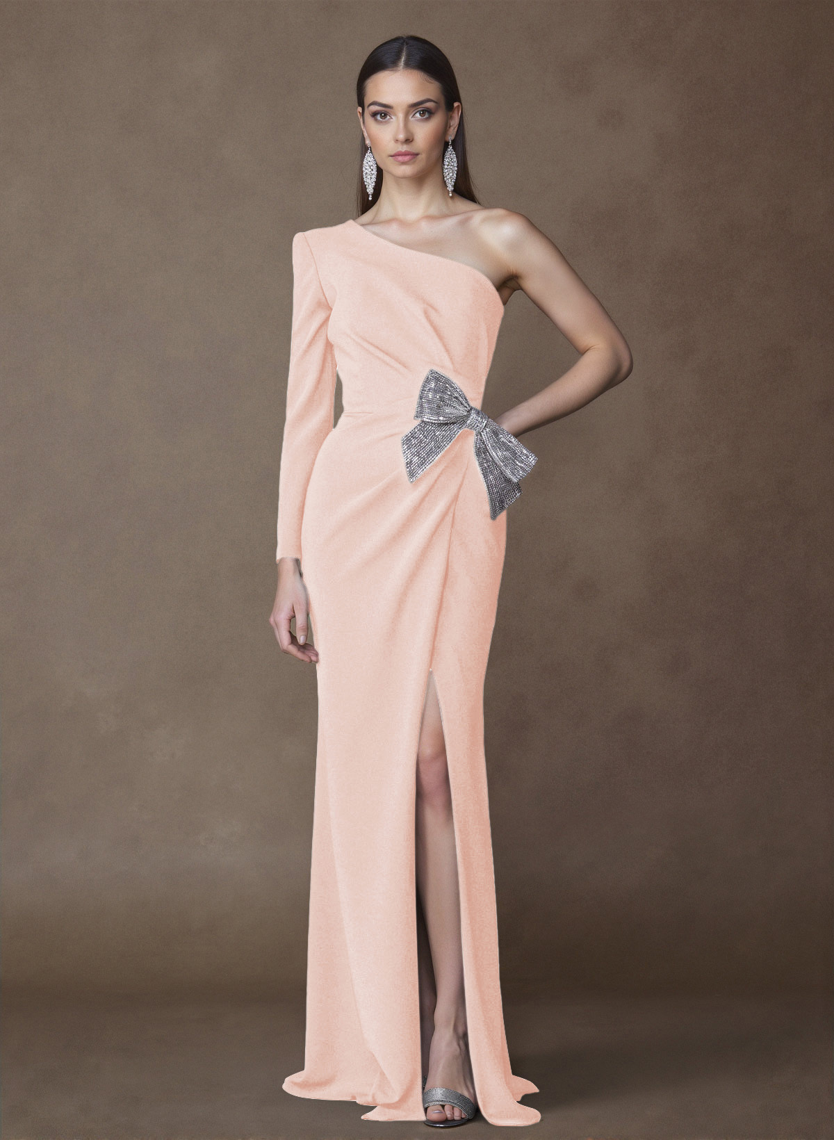 Unique One-Shoulder Long Sleeves Sequins Bow(s) High Split Elastic Satin Mother Of The Bride Dresses