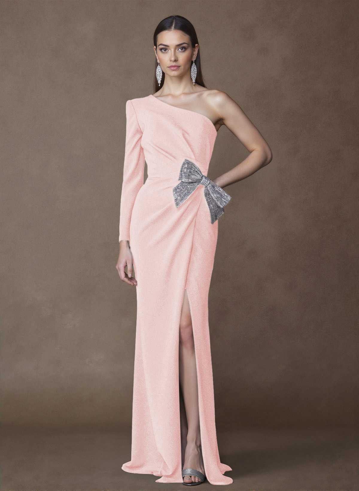 Unique One-Shoulder Long Sleeves Sequins Bow(s) High Split Elastic Satin Mother Of The Bride Dresses