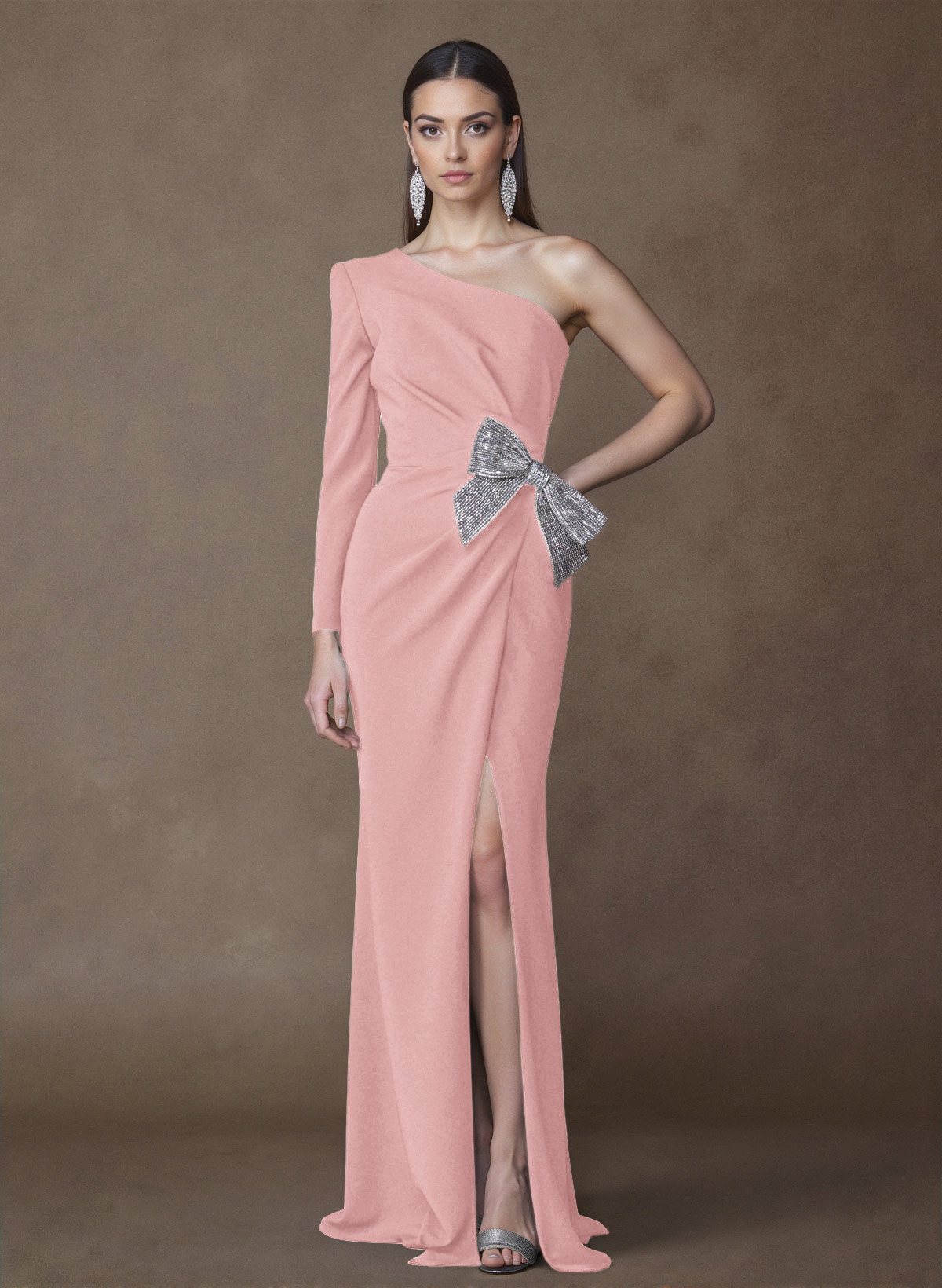Unique One-Shoulder Long Sleeves Sequins Bow(s) High Split Elastic Satin Mother Of The Bride Dresses