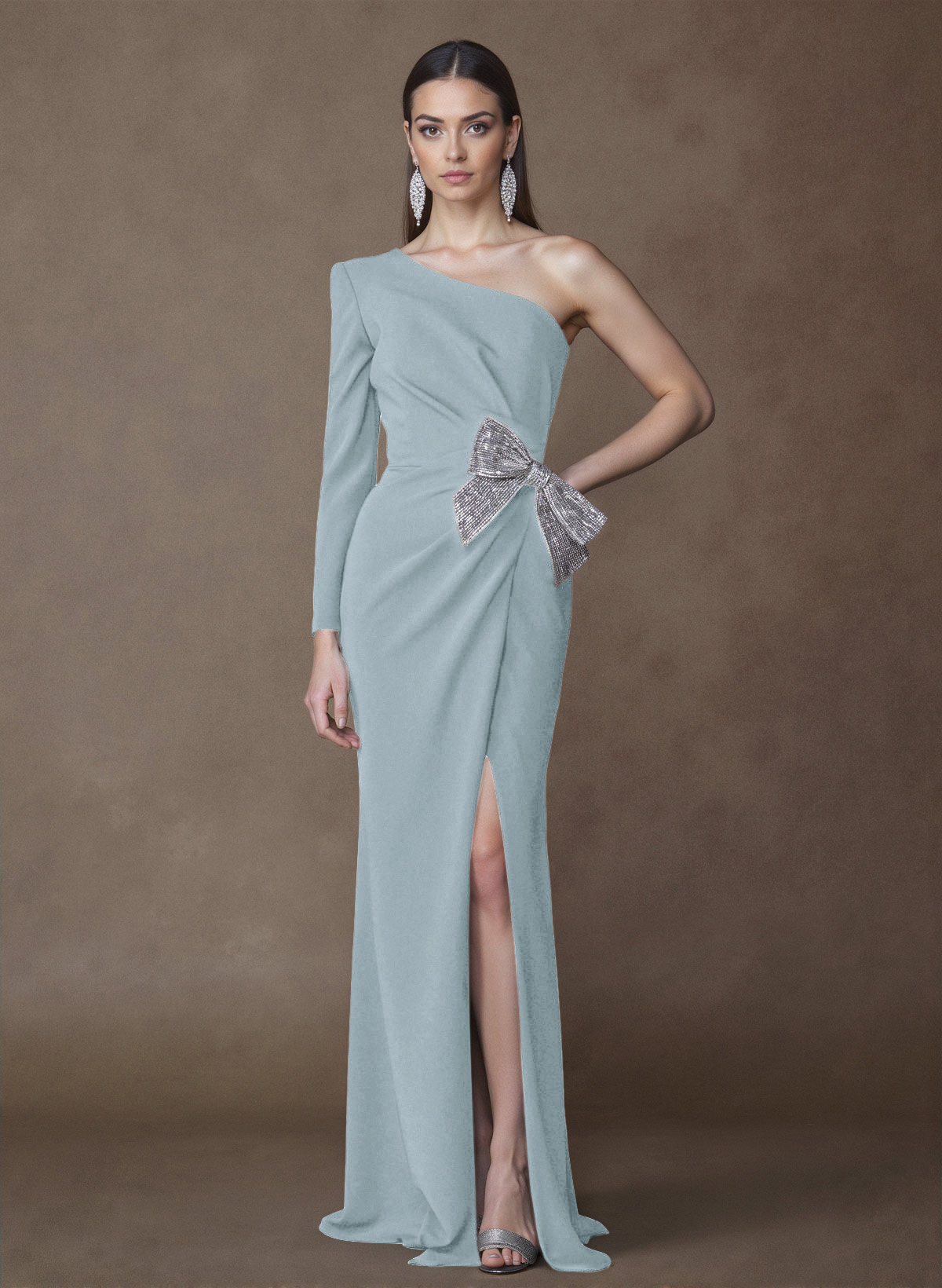 Unique One-Shoulder Long Sleeves Sequins Bow(s) High Split Elastic Satin Mother Of The Bride Dresses
