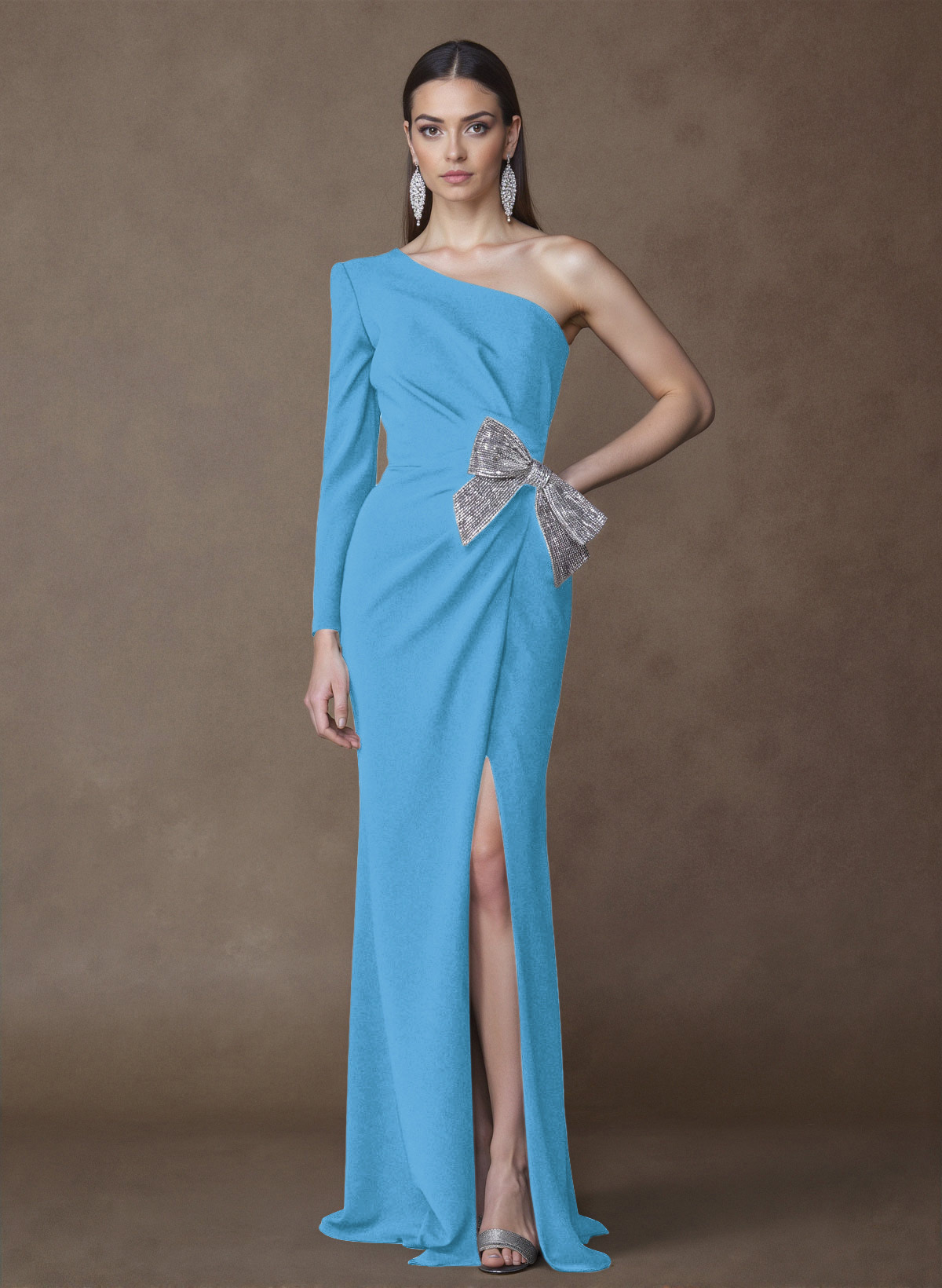Unique One-Shoulder Long Sleeves Sequins Bow(s) High Split Elastic Satin Mother Of The Bride Dresses