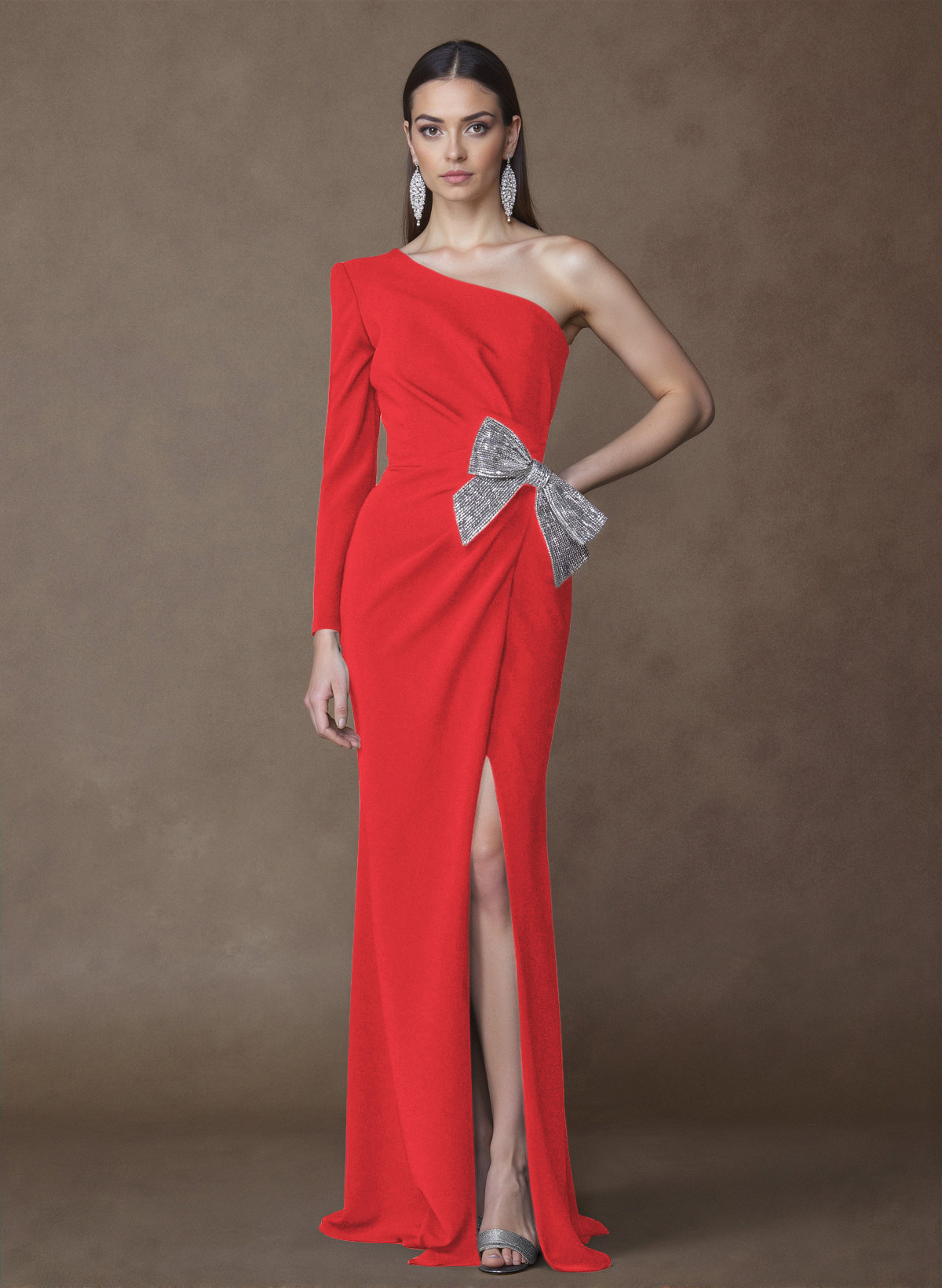 Unique One-Shoulder Long Sleeves Sequins Bow(s) High Split Elastic Satin Mother Of The Bride Dresses