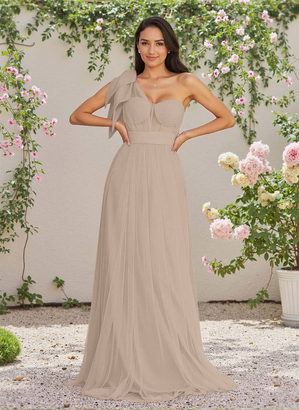 Exquisite A-Line One-Shoulder Chiffon/Tulle Bridesmaid Dresses With Bow(s)