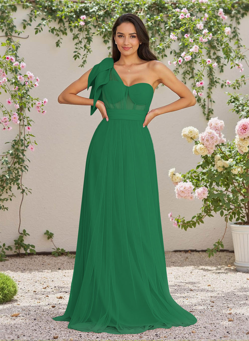 Exquisite A-Line One-Shoulder Chiffon/Tulle Bridesmaid Dresses With Bow(s)