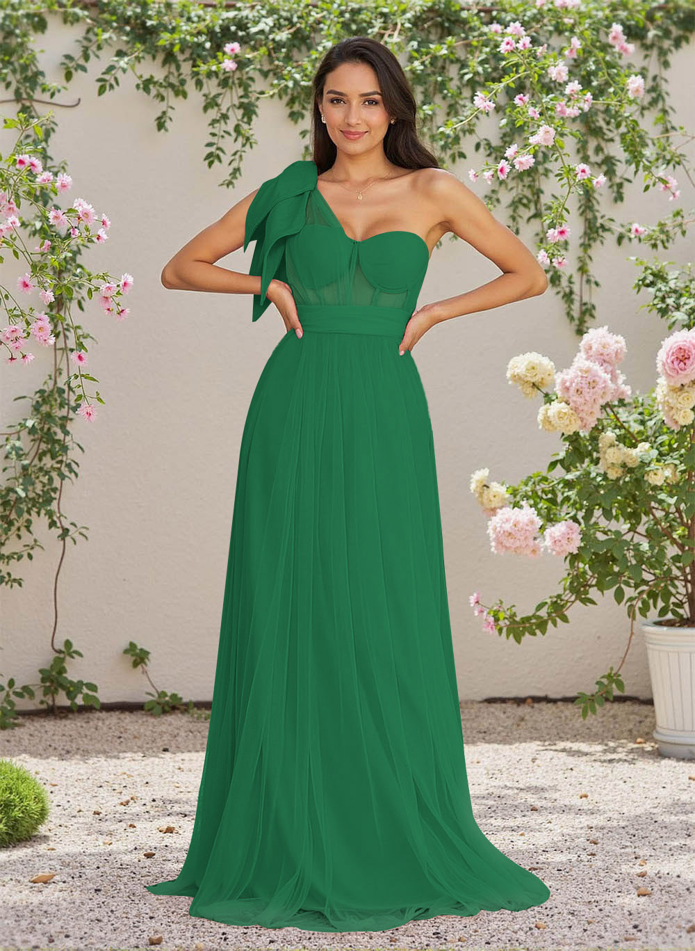 Exquisite A-Line One-Shoulder Chiffon/Tulle Bridesmaid Dresses With Bow(s)