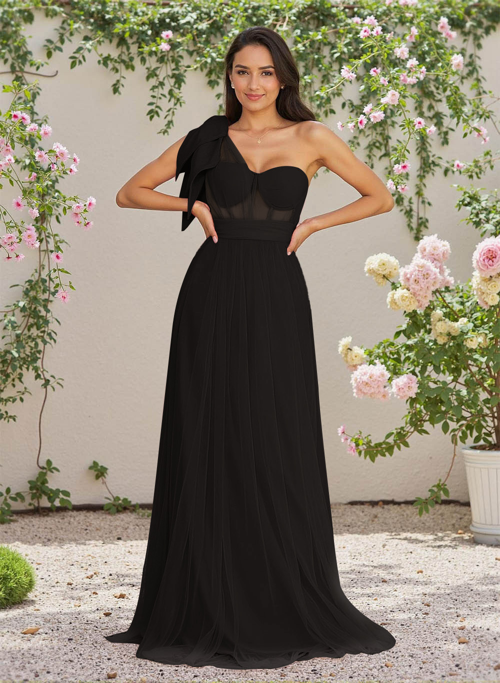 Exquisite A-Line One-Shoulder Chiffon/Tulle Bridesmaid Dresses With Bow(s)