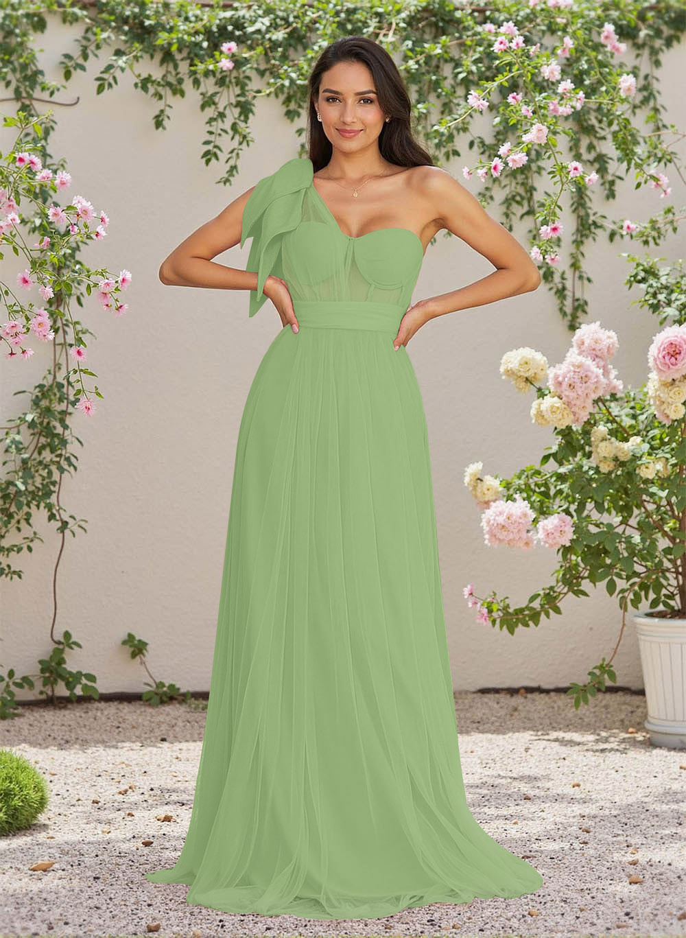 Exquisite A-Line One-Shoulder Chiffon/Tulle Bridesmaid Dresses With Bow(s)