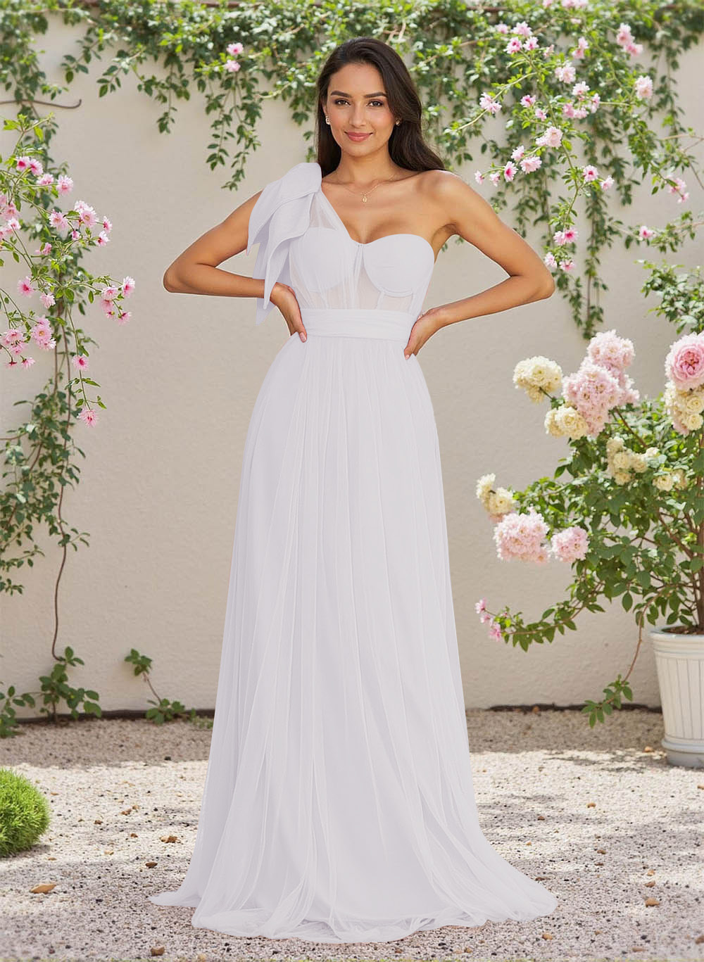 Exquisite A-Line One-Shoulder Chiffon/Tulle Bridesmaid Dresses With Bow(s)
